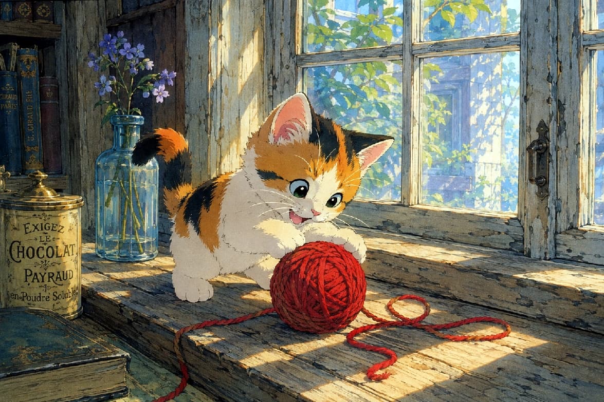 「昔懐かしいアニメのワンシーンみたい🎥✨ キラキラおめめの三毛猫ちゃんと一緒に、ノスタルジーに浸りませんか?🐈💕」1980s-90s nostalgic anime movie style illustration of a fluffy calico kitten happily playing with a red yarn ball on a peeling antique windowsill. Bathed in warm sunlight, featuring beautifully detailed watercolor-style backgrounds like a vintage tin and a blue glass bottle. Ultra-realistic high-quality artwork. 1980〜90年代のノスタルジックな劇場版セルアニメ風に描かれた三毛猫の子猫。暖かな西日が差し込む塗装の剥げたアンティークな窓辺で、大きな赤い毛糸玉に両前足を乗せ、お口を開けて無邪気に喜ぶ表情が愛らしく描かれています。ふっくらとした被毛、エメラルドグリーンの瞳、背景のヴィンテージ缶や青いガラス瓶が緻密な水彩調の背景美術として温かく表現されています