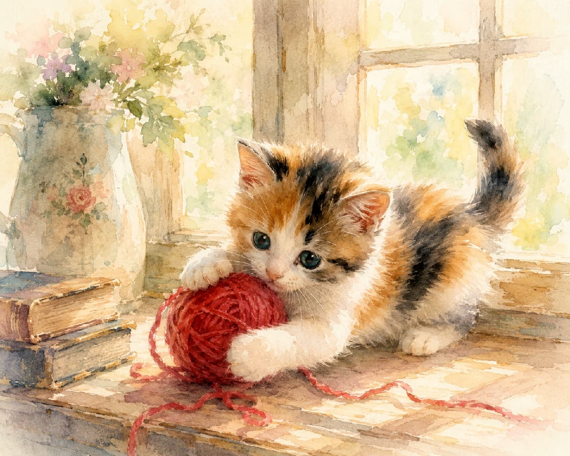 「淡い水彩の光に包まれて…🌸 夢中でお手々を伸ばす三毛猫ちゃんが可愛すぎる🥺✨ 癒しの時間をどうぞ☕️」Watercolor painting style illustration of a cute calico kitten hugging a red yarn ball on a sunny windowsill. The background features delicately blurred flowers and books, creating a soft, transparent atmosphere. Ultra-realistic high-quality artwork. 淡く美しい水彩画のタッチで描かれた三毛猫の子猫。明るい窓辺で真っ赤な毛糸玉に抱きつき、少し上目遣いで愛らしいブルーグレーの瞳を見せています。背景には優しく滲んだ花瓶の花やアンティーク調の本が描かれ、全体的に透明感のある柔らかな光のニュアンスが漂っています