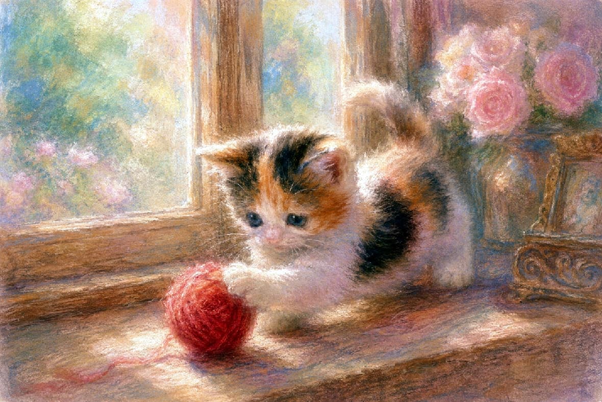 「ふわっふわのパステルタッチに胸キュン🥺💕 毛糸玉に夢中な三毛猫ちゃんに、心までぽかぽか癒されます🐈🧶」Soft pastel drawing of a fluffy calico kitten pouncing on a red yarn ball on a sunny windowsill. The romantic, hazy atmosphere is enhanced by soft pink roses in the background and gentle, ethereal lighting. Ultra-realistic high-quality artwork. 柔らかくふんわりとしたパステル画タッチで描かれた三毛猫の子猫。暖かな陽光が差し込む窓辺で、赤い毛糸玉に夢中で飛びかかろうとする愛らしいポーズ。背景には淡いピンクの薔薇が飾られ、全体がロマンチックで優しい光のベールに包まれており、子猫の細くて柔らかな産毛の質感まで伝わってくるようです