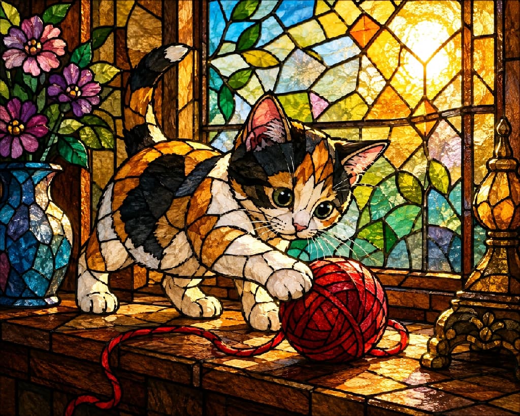 「太陽の光でキラキラ輝くステンドグラスの三毛猫ちゃん✨ ずっと眺めていたくなる圧倒的な美しさです🐈💎」Vibrant stained glass style artwork of a calico kitten playing with a red yarn ball on a windowsill. Sunlight shines intensely through the glass pieces, illuminating the kitten's black, orange, and white patches, alongside purple flowers and a vintage lamp. Ultra-realistic high-quality artwork. 鮮やかなステンドグラス風に表現された三毛猫の子猫。背後から差し込む強い太陽の光が透け、黒・茶・白のガラス片で構成された被毛や、立体的な赤い毛糸玉が美しく輝いています。子猫が前足を伸ばして毛糸玉にじゃれつく躍動感が見事にガラスアートで再現され、傍らの紫の花やランプのディテールまで幻想的に描かれています