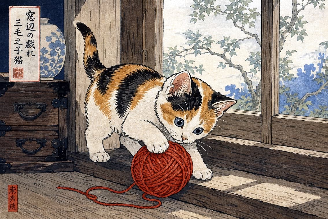「浮世絵の世界にタイムスリップした三毛猫ちゃん🐈👘 和のレトロな雰囲気がとってもお洒落で粋ですね✨」Ukiyo-e woodblock print style illustration of a Japanese calico kitten playing with a red yarn ball on a wooden windowsill. The scene features traditional Japanese elements like a tansu chest, a porcelain vase, and authentic washi paper textures. Ultra-realistic high-quality artwork. 伝統的な浮世絵・木版画風に描かれた三毛猫(日本猫)の子猫。木目が美しい和室の縁側のような窓辺で、赤い毛糸玉にちょっかいを出しています。背景には趣のある和箪笥や染付の壺、障子の外には枝葉が緻密に描かれ、和紙の質感とくすんだ日本の伝統色が歴史ある雅な雰囲気を醸し出しています