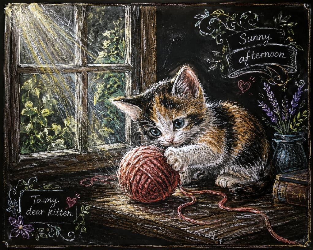 「カフェの看板みたいでお洒落☕️✨ チョークの温かいタッチで描かれた三毛猫ちゃんに、思わずいいねしちゃう🐈💖」Chalkboard art style illustration of a fluffy calico kitten playing with a red yarn ball. Beautifully drawn with chalk strokes detailing the kitten's fur, expressive blue eyes, and rays of sunlight streaming through an antique window, accompanied by lavender and elegant typography. Ultra-realistic high-quality artwork. 黒板アートのスタイルで繊細に描かれた三毛猫の子猫。窓から差し込む美しい光の筋や、毛糸玉に両前足を乗せるフワフワの三毛(黒・茶・白)の被毛、クリッとした青みがかった瞳がチョークの温かいタッチで見事に表現されています。背景にはお洒落な英語のタイポグラフィ(Sunny afternoonなど)やラベンダーの花がチョークで添えられています