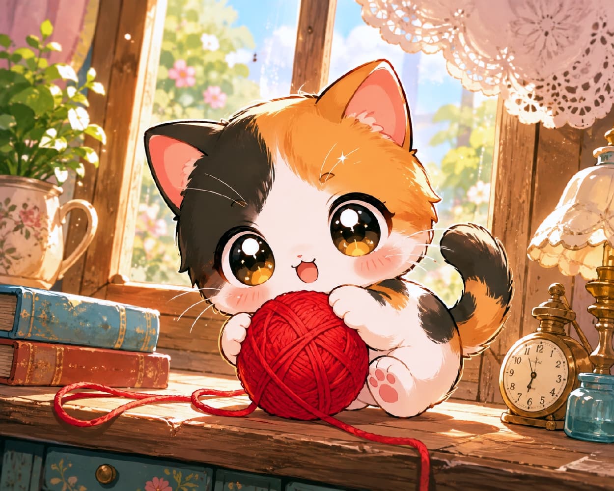 「おめめキラキラのちびキャラ三毛猫ちゃん🥺💕 大きな毛糸玉をぎゅっと抱きしめる姿にキュン死確定です💘🐈」Super deformed "chibi" style illustration of a cute calico kitten with massive, sparkling amber eyes and a round body. It happily hugs a giant red yarn ball on an antique windowsill bathed in warm sunlight, with vintage books and a clock. Ultra-realistic high-quality artwork. デフォルメされた「ちびキャラ風」の三毛猫の子猫。キラキラと輝く特大の琥珀色の瞳と、2頭身の丸っこいフォルムが特徴的。暖かな光が差し込むアンティーク調の窓辺で、自分と同じくらい大きな赤い毛糸玉を抱きしめるように笑う表情が極めて愛らしく描かれています。背景には洋書やレトロな置時計が配置されています