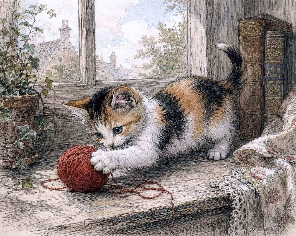 「まるで19世紀の絵本の世界📖🕰️ 繊細なタッチで描かれた三毛猫ちゃんのイタズラな姿にうっとりです🐈🎨」19th-century classic overseas picture book style illustration of a calico kitten playing with a red yarn ball on a windowsill. Features detailed line work and soft colors, depicting the kitten's fur, vintage books, lace, and a nostalgic European townscape in the background. Ultra-realistic high-quality artwork. 19世紀の古典的な海外絵本風に、緻密な線画(ハッチング)と淡い水彩調で描かれた三毛猫の子猫。アンティークな窓辺で赤い毛糸玉に前足を伸ばしてじゃれつくポーズ。黒、茶、白の毛並みが細やかに表現され、背景には古い洋書やレースの布、窓外のヨーロッパ風の街並みがノスタルジックに描かれています