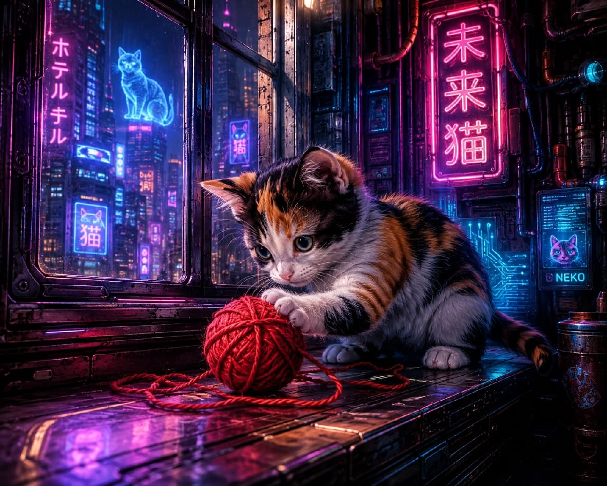 「近未来都市のネオンに照らされるサイバーパンク三毛猫ちゃん🌃✨ SF映画の主人公みたいでカッコ可愛すぎる!🐈🔥」Cyberpunk style illustration of a cute calico kitten playing with a red yarn ball on a window ledge overlooking a futuristic neon city. The pink and blue neon lights reflect on its detailed fur and big eyes. Ultra-realistic high-quality artwork. サイバーパンク風の近未来都市を見下ろす窓辺で、赤い毛糸玉に触れる三毛猫の子猫。ピンクやブルーのネオンサイン(「未来猫」「ホテル」など)の光が、白・黒・茶の被毛や大きな瞳に反射し、SFチックで重厚な金属の質感と子猫の無邪気なポーズが鮮やかなコントラストを描く高画質画像