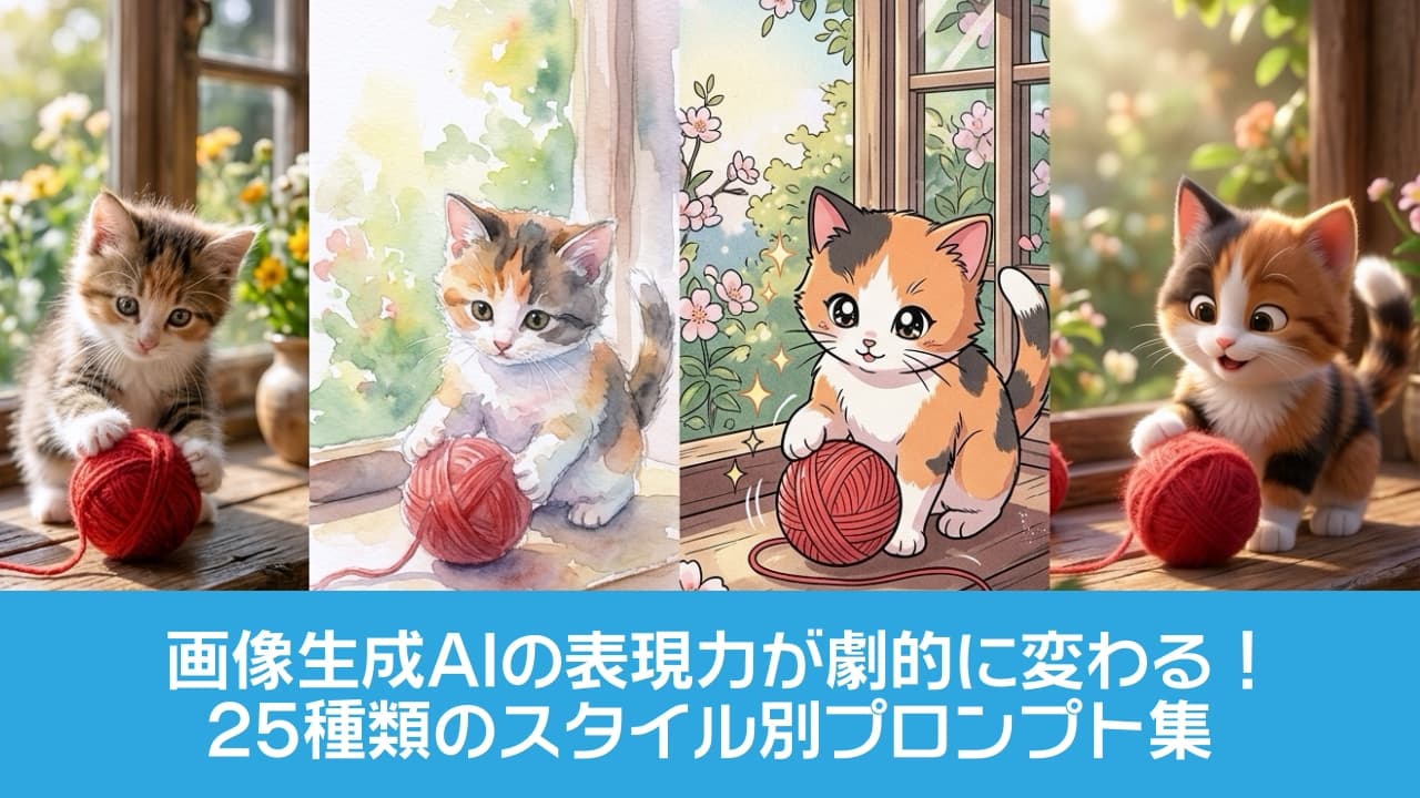 「1匹の三毛猫ちゃん、4つの世界線🐈✨ どの世界観の仔猫があなたの好み？❤️ 私は…全部！ #子猫 #猫好きさんと繋がりたい #三毛猫 #レトロ #水彩画 #3Dart #猫のいる暮らし」Ultra-realistic, comparative conceptual artwork image divided into four vertical sections, all featuring the same subject: a cute calico kitten playing with a red ball of yarn on an antique wooden windowsill. From left to right, the image transitions through four distinct art styles: 1st section is ultra-photorealistic; 2nd section is transparent watercolor; 3rd section is 90s vintage retro anime style; and 4th section is high-quality 3D Pixar animation style. Bright, inspiring, and visually striking, perfect for a blog header image. 画像は4つの垂直セクションに分かれており、同じテーマ「アンティークな木製の窓辺で赤い毛糸玉と遊ぶ可愛い三毛猫の仔猫」を異なるアートスタイルで描いている。左から順に、被毛の質感までリアルな超写真写実主義、パステル調で透明感のある水彩画、90年代のレトロなアニメ風イラスト、そして3Dピクサーアニメ調の立体的なスタイルへと移行している。各セクションで仔猫が赤い毛糸玉に前足を添えており、背景の窓の外には明るい光に照らされた緑や花が描かれている