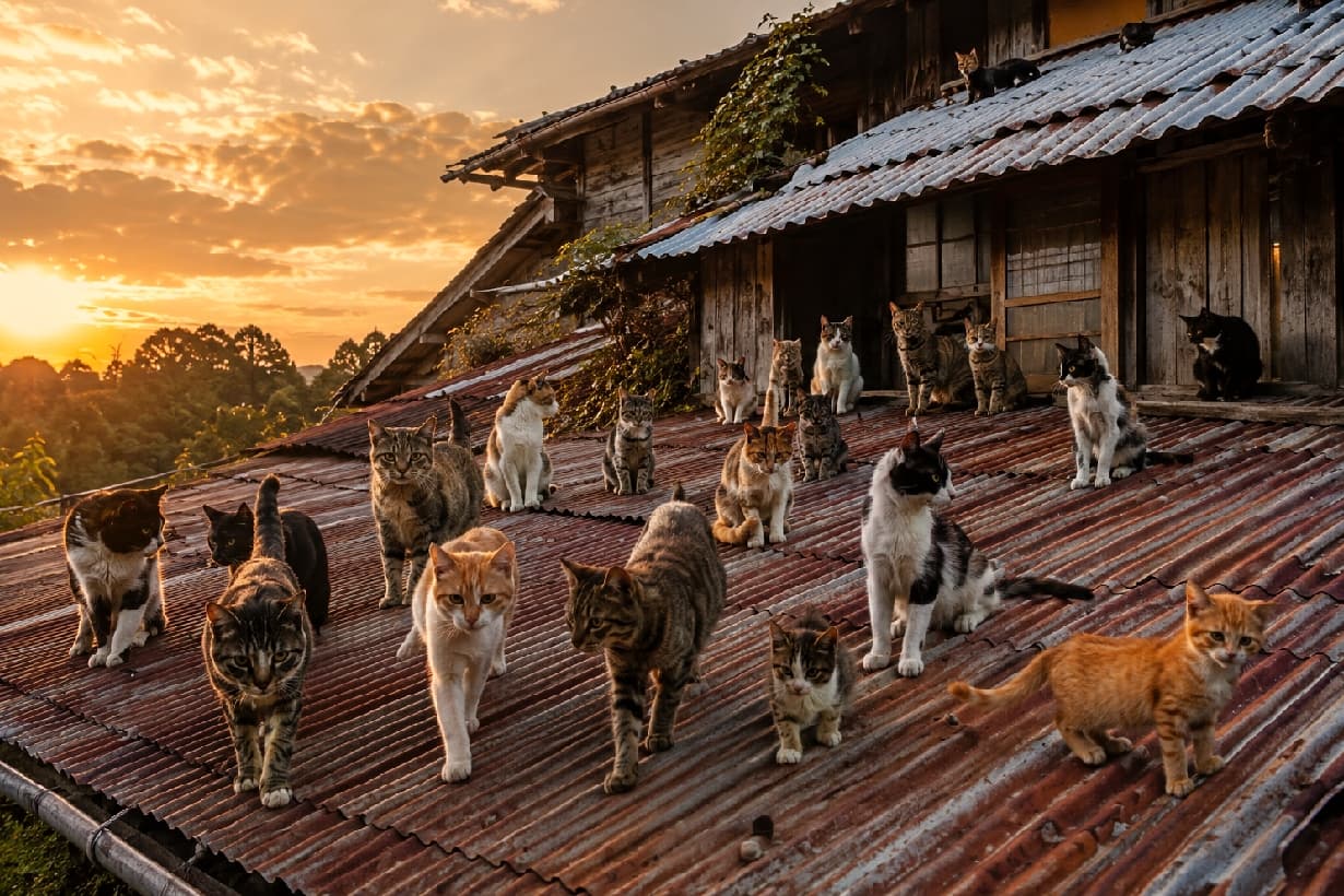 「夕暮れ時の秘密の集会🤫オレンジ色に染まる屋根の上で、今日はどんなお話をしているのかな? #地域猫 #夕焼け #猫のいる風景」Ultra-realistic high-quality photograph of a large group of cats with various coat patterns gathering on the rusty corrugated metal roof of an old wooden house, set against a stunning, fiery sunset sky. 燃えるような夕焼け空を背景に、古い木造家屋の錆びたトタン屋根の上に集まるたくさんの猫たち。キジトラ、三毛、ハチワレ、茶トラなど多様な柄の猫が思い思いにくつろぎ、田舎の原風景のような郷愁を誘う情景