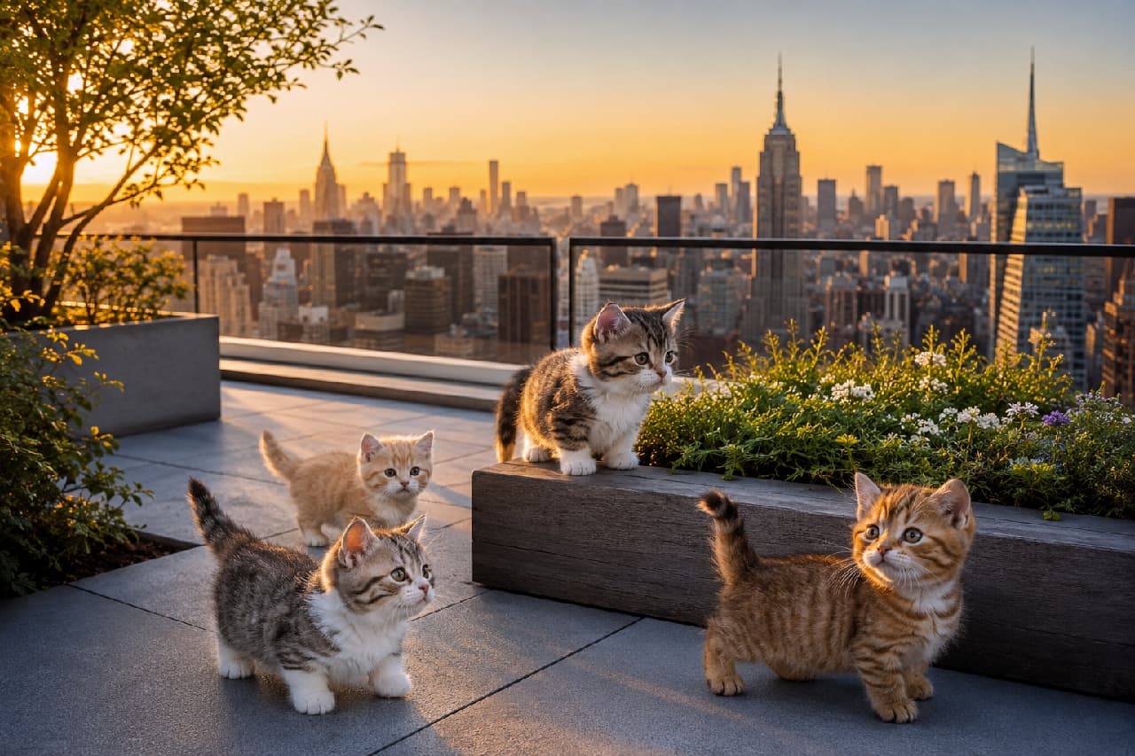 「都会の夕暮れは僕たちの遊び場さ🗽✨摩天楼をバックに、短いあんよでテラスを大冒険する姿がたまらない🐾 #マンチカン #都会の猫 #猫のいる風景」Ultra-realistic high-quality photograph of adorable Munchkin kittens playing on a modern luxury rooftop terrace, beautifully illuminated by the golden hour sunset against the stunning backdrop of the New York City skyline. 黄金色に輝くニューヨークの摩天楼の夕景をバックに、モダンなルーフトップテラスで遊ぶマンチカン(またはブリティッシュショートヘア)の子猫たち。短い足と丸みのあるフォルム、キジトラや茶トラの柔らかな被毛が、都会の洗練された雰囲気と夕日の暖かさに包まれています