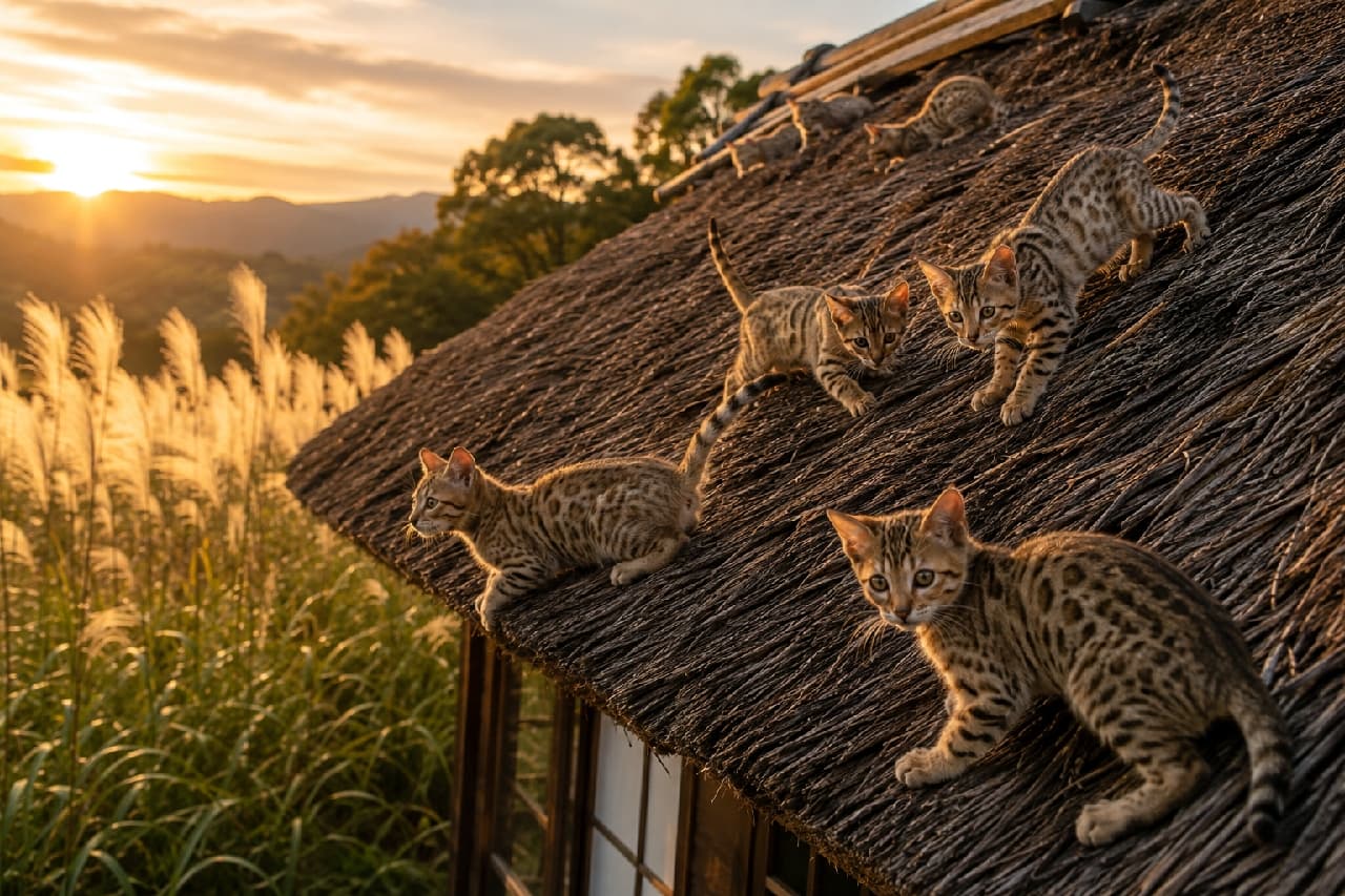 「夕日に照らされる小さな豹たち🐆✨秋の風を感じながら、屋根の上で大運動会! #オシキャット #夕暮れ時 #猫のいる風景」Ultra-realistic high-quality photograph of several Ocicat kittens with beautiful rosette patterns actively climbing on a traditional thatched roof, illuminated by the golden hour sunlight with pampas grass in the background. 黄金色に輝く夕日と揺れるススキを背景に、伝統的な茅葺き屋根の上を活発に動き回る複数のオシキャットの子猫たち。美しいロゼット(ヒョウ柄)模様の被毛が夕暮れの逆光に照らされ、野生味と愛らしさが共存する情感豊かな一枚