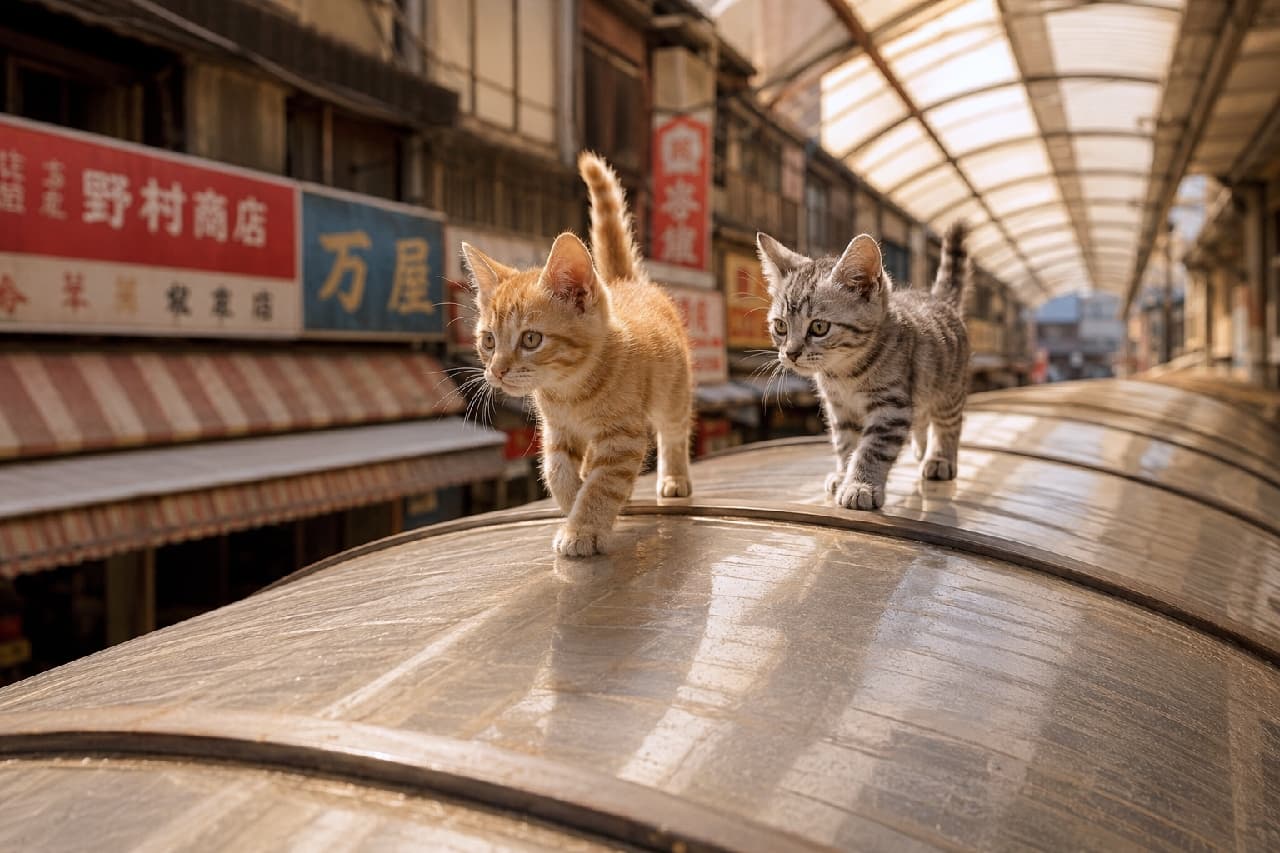 「夕暮れの商店街をパトロール中!🐈💨「今日の晩ごはんはどこのお魚かな〜?」なんて聞こえてきそう🐟 #茶トラ #昭和レトロ #猫のいる風景」Ultra-realistic high-quality photograph of an orange tabby and a silver tabby kitten walking confidently with their tails up on the translucent curved roof of a retro shopping arcade. The nostalgic, sepia-toned sunset light beautifully illuminates the kittens and the old Japanese signboards in the background. 昭和レトロな看板が並ぶ古い商店街のアーケードの半透明な丸屋根の上を、ピンと尻尾を立てて得意げに歩く茶トラとサバトラの子猫。セピア調のノスタルジックな夕日が2匹のシルエットを温かく包み込み、下町の日常と冒険心をエモーショナルに描き出しています