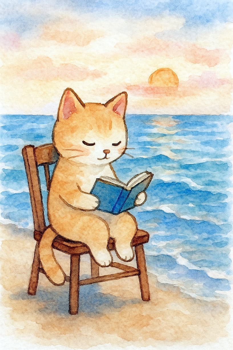 「波の音をBGMに、海辺でのんびり読書タイム📖🐈 優しい夕暮れと猫ちゃんの姿に心から癒されます🌅✨」Ultra-realistic high-quality watercolor illustration of a cute orange tabby cat sitting on a wooden chair by the seaside, peacefully reading a blue book with its eyes gracefully closed. The artwork beautifully captures the soft, fluffy texture of the fur, gentle ocean waves, and a stunning pastel sunset sky, creating a nostalgic and deeply calming atmosphere. 夕日の暖かい光に包まれた海辺で、アンティーク調の木製の椅子にちょこんと座り、青い表紙の本を愛読する茶トラ猫の水彩画イラスト。目を閉じて物語の世界に深く浸るような穏やかな表情と、水彩ならではのふんわりとした毛並みの質感が魅力的です。背景には穏やかな波が打ち寄せる青い海と、パステル調のオレンジとピンクに染まる夕空が広がり、ノスタルジックで心安らぐ情景が豊かに描かれています