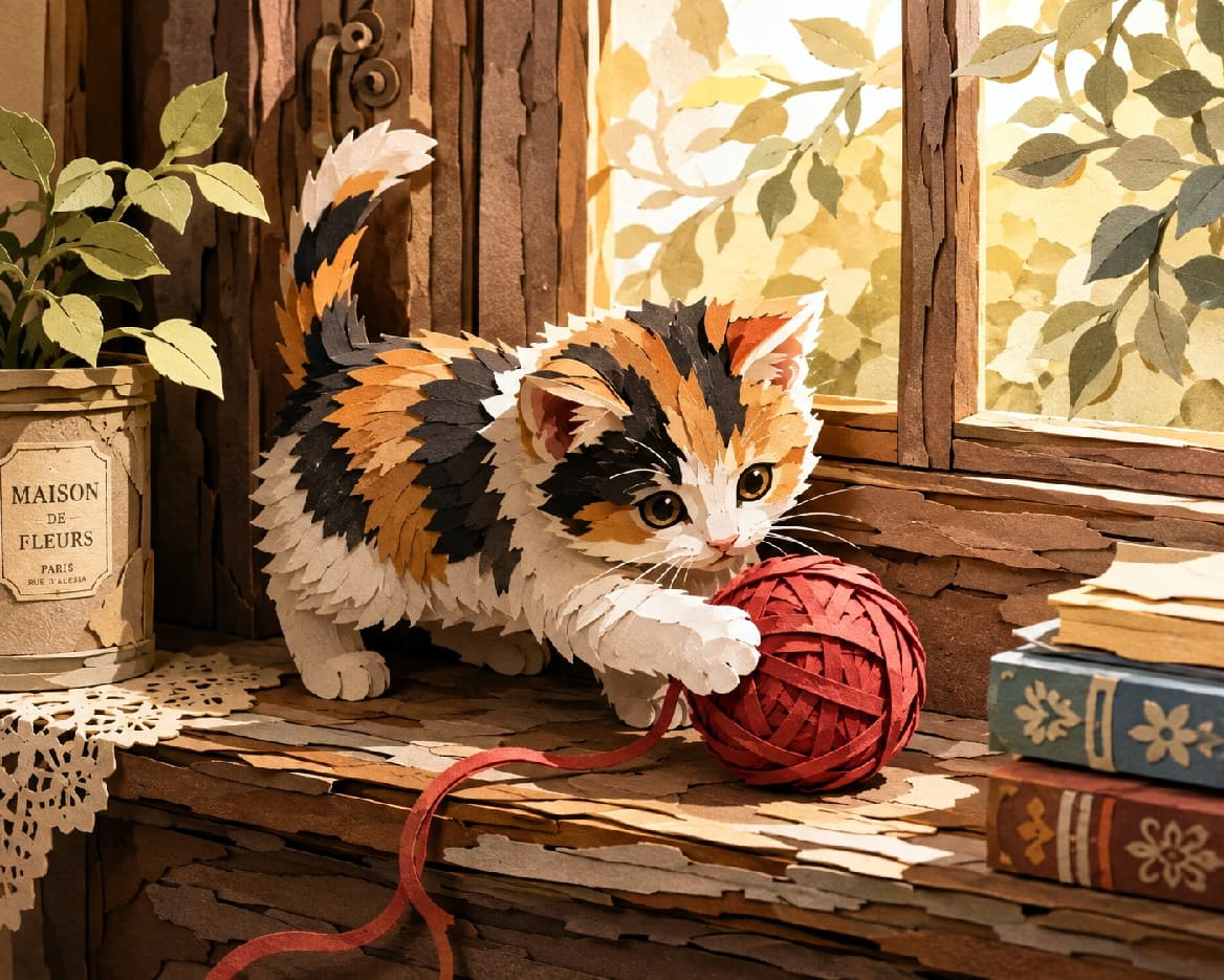 「これ全部「紙」でできてるの!?✂️✨ 職人技のペーパークラフト三毛猫ちゃんが凄すぎて、ずっと見つめちゃいます🐈🧶」Intricate paper craft style illustration of a calico kitten playing with a red yarn ball on a windowsill. The kitten's fur, vintage books, and plants are all meticulously crafted from layered cut paper, creating beautiful 3D textures and soft shadows under warm sunlight. Ultra-realistic high-quality artwork. 精巧なペーパークラフト(切り絵アート)で表現された三毛猫の子猫。幾重にも重なる紙の層で三毛の被毛を立体的に再現し、アンティークな窓辺で赤い毛糸玉に触れる姿が愛らしいです。古い洋書、鉢植えの植物、窓枠の木の剥がれ具合まで、すべて紙の重なりと緻密な陰影によるアナログな温もりで表現されています