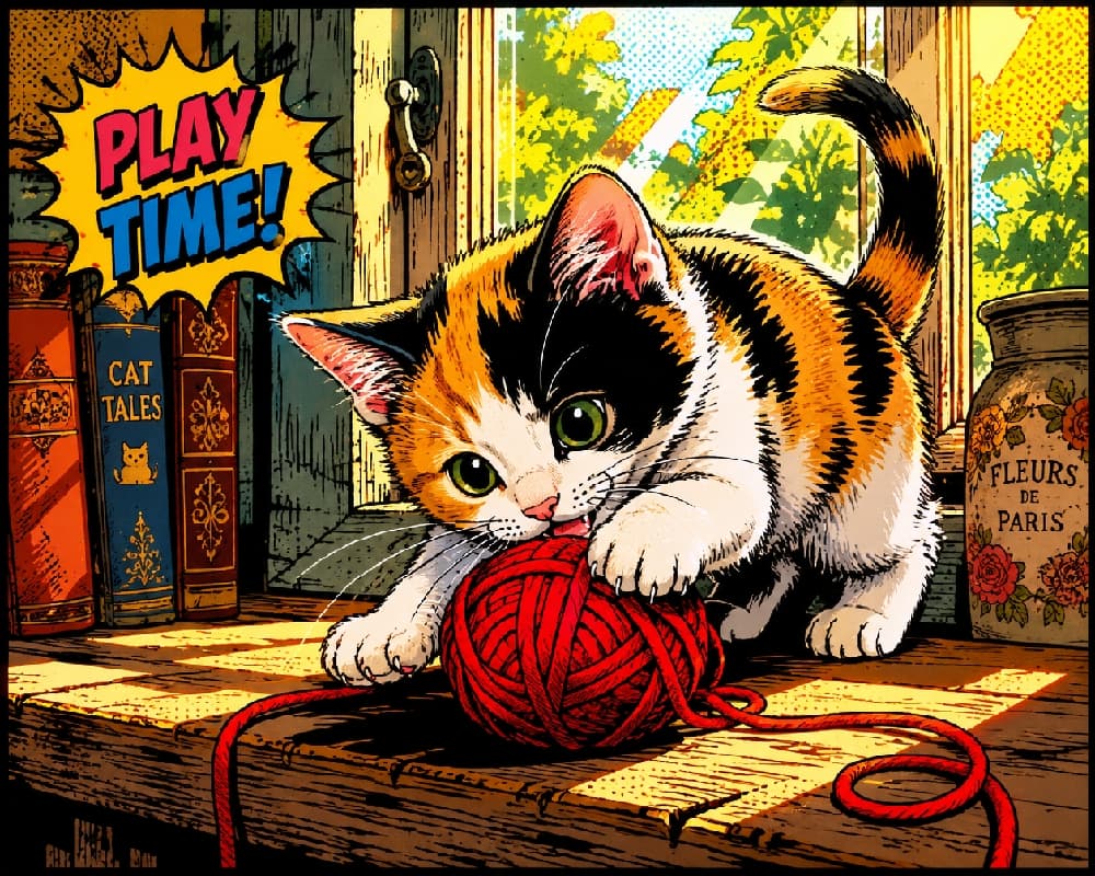 「PLAY TIME! 🐾 アメコミ調の吹き出しが最高にポップでお洒落✨ イタズラ全開の三毛猫ちゃん、いざ勝負!🐈💥」Pop art comic style illustration of a playful calico kitten biting a red yarn ball, featuring a dynamic "PLAY TIME!" speech bubble. Characterized by bold lines, halftone dots, and strong contrast of light and shadow on a rustic windowsill. Ultra-realistic high-quality artwork. 「PLAY TIME!」というアメコミ風の吹き出しと共に描かれた三毛猫の子猫。太い線と網点(ハーフトーン)を活かしたポップアートスタイル。木目の荒い窓辺で、赤い毛糸玉をガブッと噛もうとするやんちゃな表情と躍動感のあるポーズが、強いコントラストの光と影の中でドラマチックに表現されています