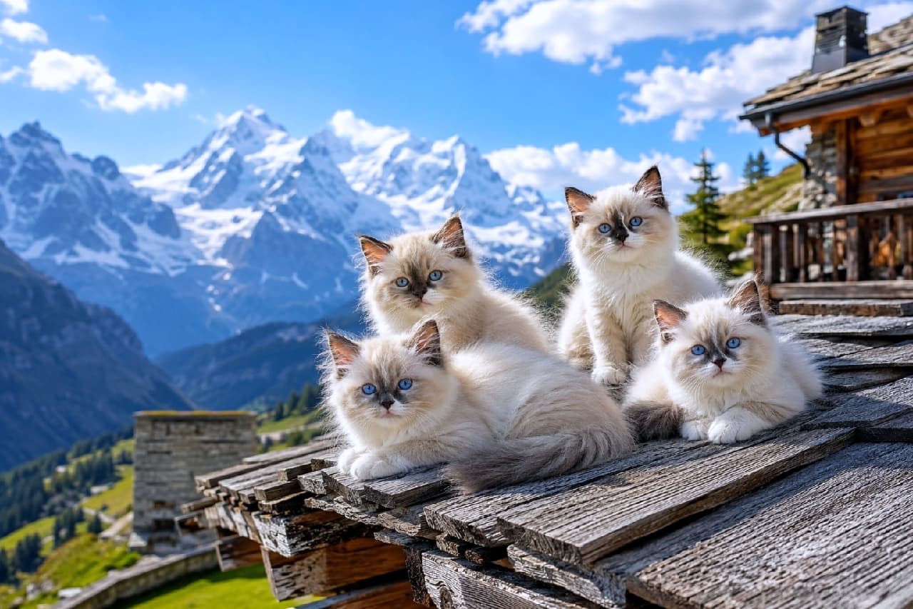 「アルプスの少女…ならぬ、アルプスの子猫たち🐐✨絶景に負けないくらい、青い瞳がキラキラで眩しい〜!💎 #ラグドール #絶景 #猫のいる風景」Ultra-realistic high-quality photograph of four beautiful Ragdoll kittens with seal point bicolor coats and striking sapphire blue eyes, relaxing on a rustic wooden chalet roof. They are illuminated by bright, clear sunlight against a breathtaking backdrop of majestic snow-capped Alps and a vivid blue sky. 雄大な雪山と青空を背景に、古い木造シャレーの屋根でくつろぐ4匹のラグドールの子猫。シールポイントバイカラーの美しい被毛と、宝石のように澄んだサファイアブルーの瞳が、高山特有のクリアで明るい日差しに照らされ、圧倒的な透明感を放っています