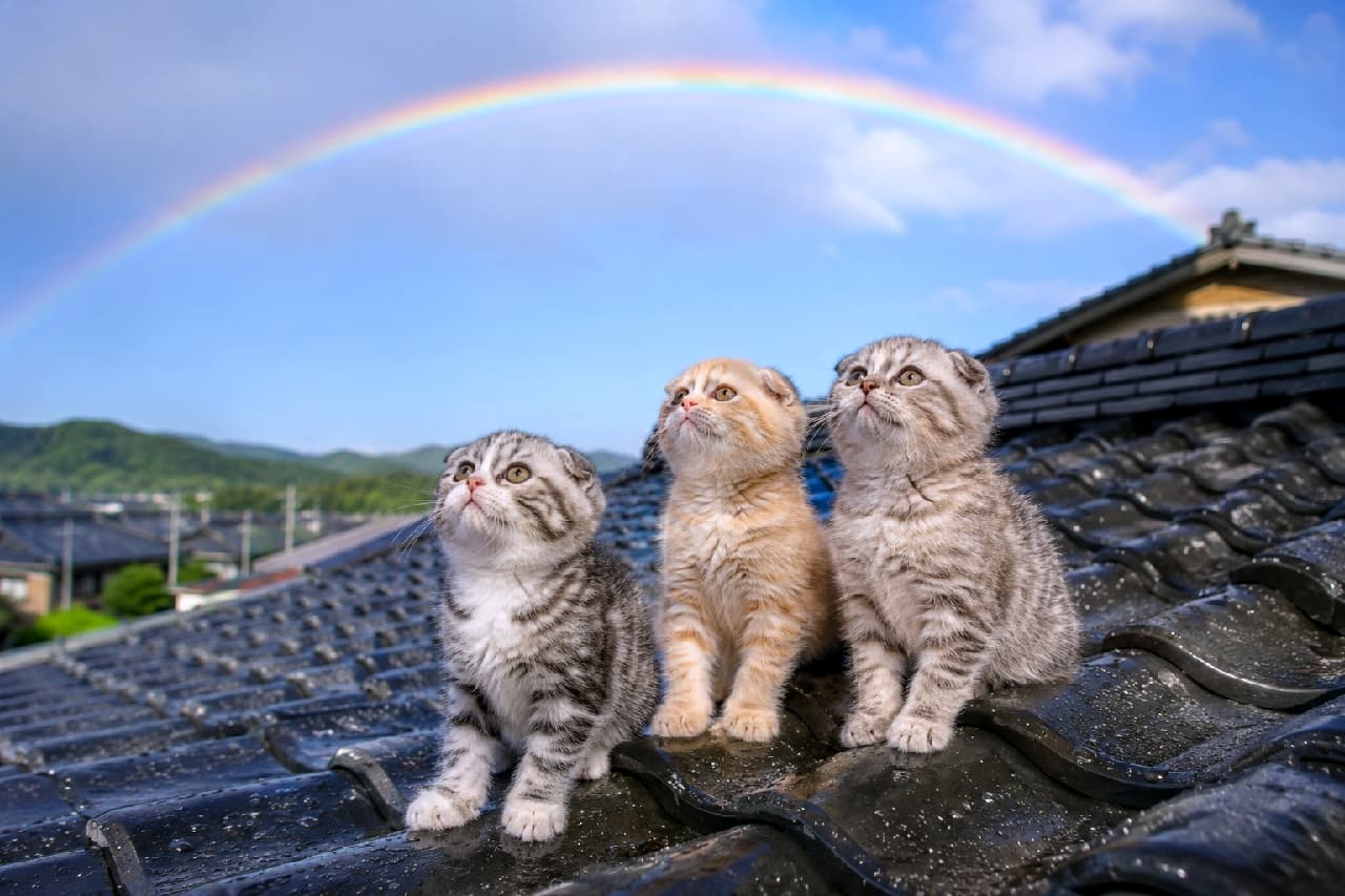 「雨上がりのご褒美、みんなで見ーつけた!🌈✨キラキラ光る虹に、3匹のおめめも釘付けにゃん👀💖 #スコティッシュフォールド #虹 #猫のいる風景」Ultra-realistic high-quality photograph of three adorable Scottish Fold kittens (silver and red tabbies, with both folded and straight ears) sitting on a wet, gleaming black tiled roof. They are looking up in wonder at a vibrant, perfect rainbow arching across a clear blue sky after the rain. 雨上がりの濡れて光る黒い瓦屋根の上にちょこんと座り、空に架かった鮮やかな虹を揃って見上げる3匹のスコティッシュフォールドの子猫たち。シルバータビーとレッドタビーのふっくらとした丸い顔と、折れ耳・立ち耳のバリエーションが愛らしく、希望に満ちた晴れやかな情景