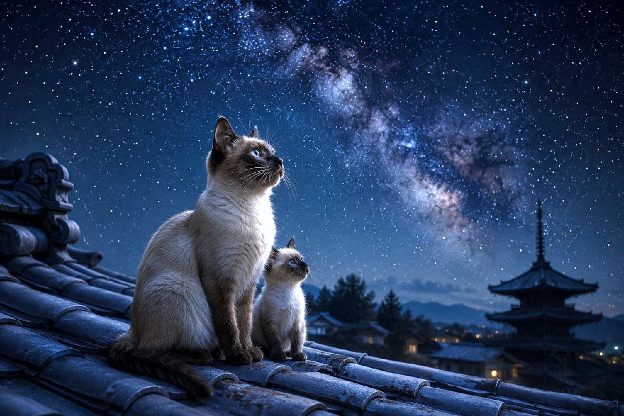 「お星さま、とどくかな?✨満天の星空を一緒に見上げるシャム猫親子に、心から癒される夜🌙 #シャム猫 #星空 #猫のいる風景」Ultra-realistic high-quality photograph of a Siamese cat and kitten sitting on a traditional Japanese tiled roof, looking up together at a breathtaking, starry night sky featuring the Milky Way, with a distant pagoda. 息を呑むほど美しい天の川が広がる星空の下、日本家屋の瓦屋根の上で寄り添いながら空を見上げるシャム猫(またはトンキニーズ)の親と子猫。美しいサファイアブルーの瞳とポインテッドの被毛が、神秘的な夜の静寂に溶け込んでいます
