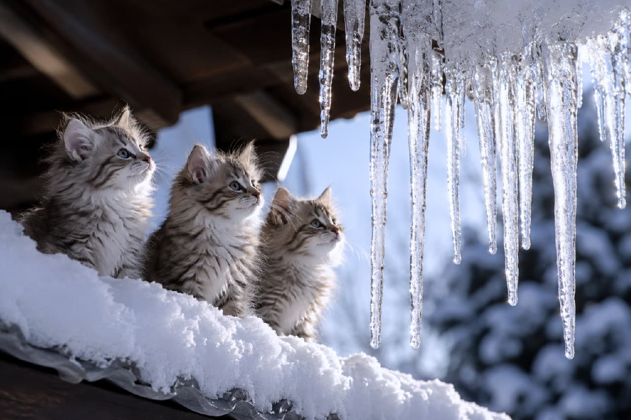 「キラキラ光る氷柱に興味津々👀❄️もふもふの冬毛のおかげで、雪の上のパトロールもへっちゃら! #サイベリアン #雪景色 #猫のいる風景」Ultra-realistic high-quality photograph of three fluffy brown tabby Siberian kittens sitting on a snowy roof, looking up in wonder at large, clear icicles illuminated by the winter sun, conveying a crisp winter atmosphere. 雪が積もった冬の屋根の上で、軒先から下がる透明な巨大なつららを不思議そうに見上げる3匹のサイベリアンの子猫。逆光に透けて輝く長毛のブラウンタビーの被毛と、冬の澄んだ冷たい空気が美しく表現された一枚