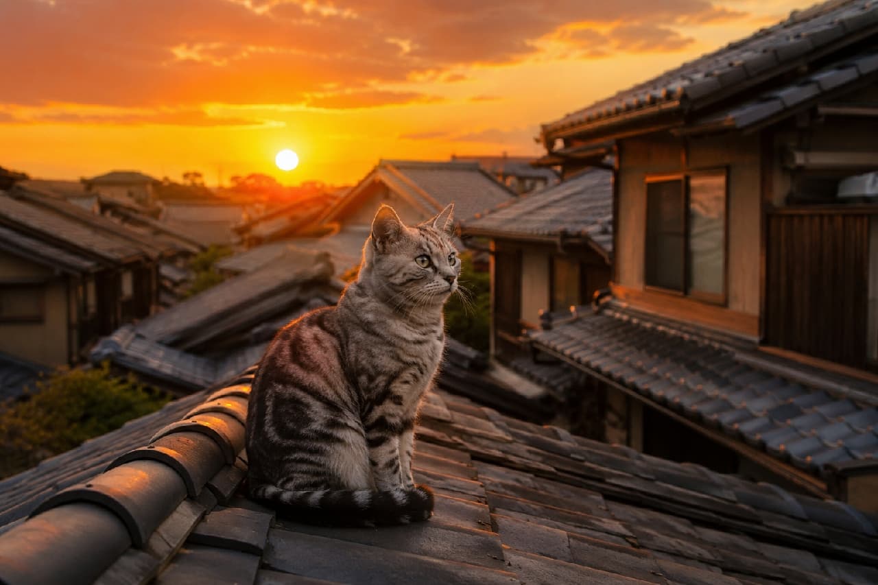 「今日も一日お疲れ様🌆オレンジ色に染まる街並みと、黄昏れる猫の姿にきゅんとする瞬間。 #サバトラ #夕焼け #猫のいる風景」Ultra-realistic high-quality photograph of a silver tabby cat sitting gracefully on a traditional Japanese tiled roof, silhouetted beautifully by a striking, fiery orange sunset over a historical neighborhood. 黄金色からオレンジへとグラデーションを描く劇的な夕焼け空を背景に、古い日本家屋の瓦屋根にちょこんと座るアメリカンショートヘア風のシルバータビーの猫。夕日が猫の輪郭と美しい縞模様をドラマチックに縁取っています