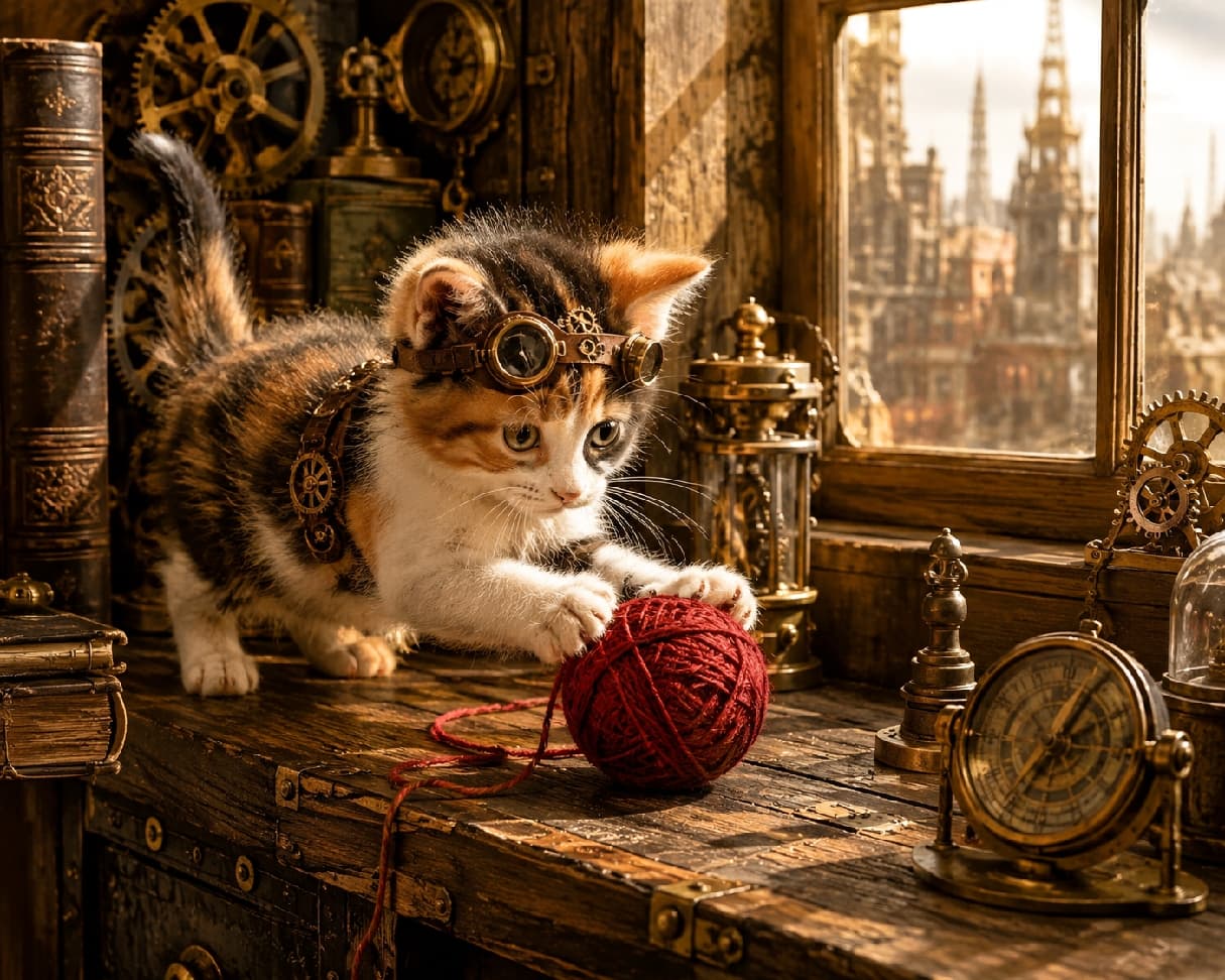「スチームパンクな装備がカッコよすぎる⚙️✨ 冒険の準備はバッチリな三毛猫ちゃん、いざ毛糸玉の討伐へ!🐈🔥」Steampunk style illustration of a fluffy calico kitten wearing tiny leather goggles and a gear harness, playing with a red yarn ball. Set on a wooden workbench filled with brass gears, clocks, and mechanical parts, bathed in golden sunlight with a retro-industrial city outside. Ultra-realistic high-quality artwork. スチームパンク風の世界観で描かれた三毛猫の子猫。小さな革製のゴーグルと歯車付きのハーネスを身にまとい、アンティークな真鍮の時計や機械部品が並ぶ工房の窓辺で赤い毛糸玉にじゃれついています。窓の向こうの産業革命風の街並みと、黄金色の美しい逆光がフワフワの被毛を神々しく照らしています