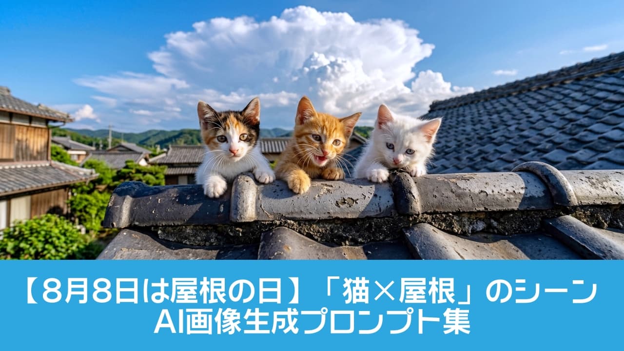 「「日本の夏、子猫の夏！」🐾🌻瓦屋根からひょっこり顔を出す3匹の可愛さにキュン死注意報発令中💕🍉 #猫のいる風景 #夏休み」Ultra-realistic high-quality photograph of three adorable kittens (a calico, an orange tabby, and a white kitten) peering over a traditional Japanese tiled roof. The background features a vibrant summer landscape with lush green mountains, a bright blue sky, and a massive cumulonimbus cloud, all illuminated by strong, clear sunlight highlighting the kittens' fluffy fur and the roof's texture. 鮮やかな夏の青空とダイナミックな入道雲、緑豊かな山々を背景に、伝統的な日本の瓦屋根からひょっこりと顔を出す3匹の子猫たち。左から、好奇心旺盛な丸い瞳の三毛猫、元気いっぱいに口を開けて鳴いているような茶トラ猫、少しあどけない表情で下を見つめるブルーアイの白猫が並んでいます。真夏の強い日差しが子猫たちのふわふわの被毛と、年季の入った瓦のざらっとした質感をくっきりと照らし出す、ノスタルジックで生命力あふれる風景