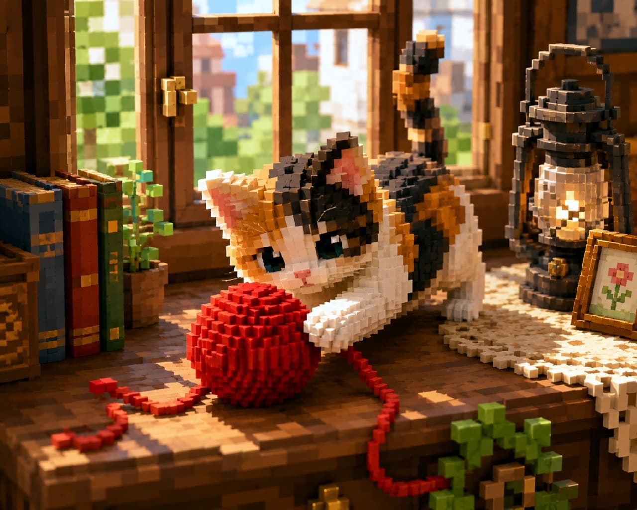 「まるでマイクラの世界!?🧱✨ ブロックでできたボクセル三毛猫ちゃんがピコピコ動いて見えちゃいます🐈🎮」Voxel art style illustration of a calico kitten pouncing on a red yarn ball on a sunlit windowsill. Constructed entirely from 3D blocks, the scene includes a rustic lantern and books, creating a cozy, retro gaming atmosphere. Ultra-realistic high-quality 3D artwork. 3Dブロックで構成されたボクセルアート風の三毛猫の子猫。ぽかぽか陽気のアンティークな窓辺で、赤い毛糸玉に夢中で飛びつく姿が立体的なドットで表現されています。背景の古いランタンや本、額縁などもすべてブロックで作られ、メタバースやレトロゲームの世界観を彷彿とさせる高品質な一枚