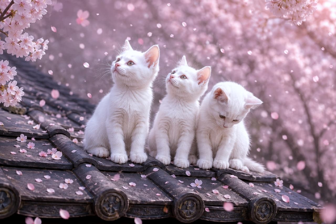「春の妖精さんたち、桜吹雪に夢中🌸ひらひら舞う花びらを不思議そうに見上げる白猫ちゃんたちに胸キュンです💕 #白猫 #桜吹雪 #子猫 #猫のいる風景」Ultra-realistic high-quality photograph of three pure white kittens sitting on a traditional dark Japanese tiled roof, gazing up in wonder at beautiful pink cherry blossom petals falling gracefully around them in full bloom. 満開の桜の花とひらひらと舞い散るピンクの桜吹雪の中、重厚な和風の黒い瓦屋根の上に並んで座る3匹の真っ白な子猫たち。純白の柔らかな被毛と、桜の花びらを目で追うピュアな表情が、日本の美しい春の訪れを情緒豊かに物語っています