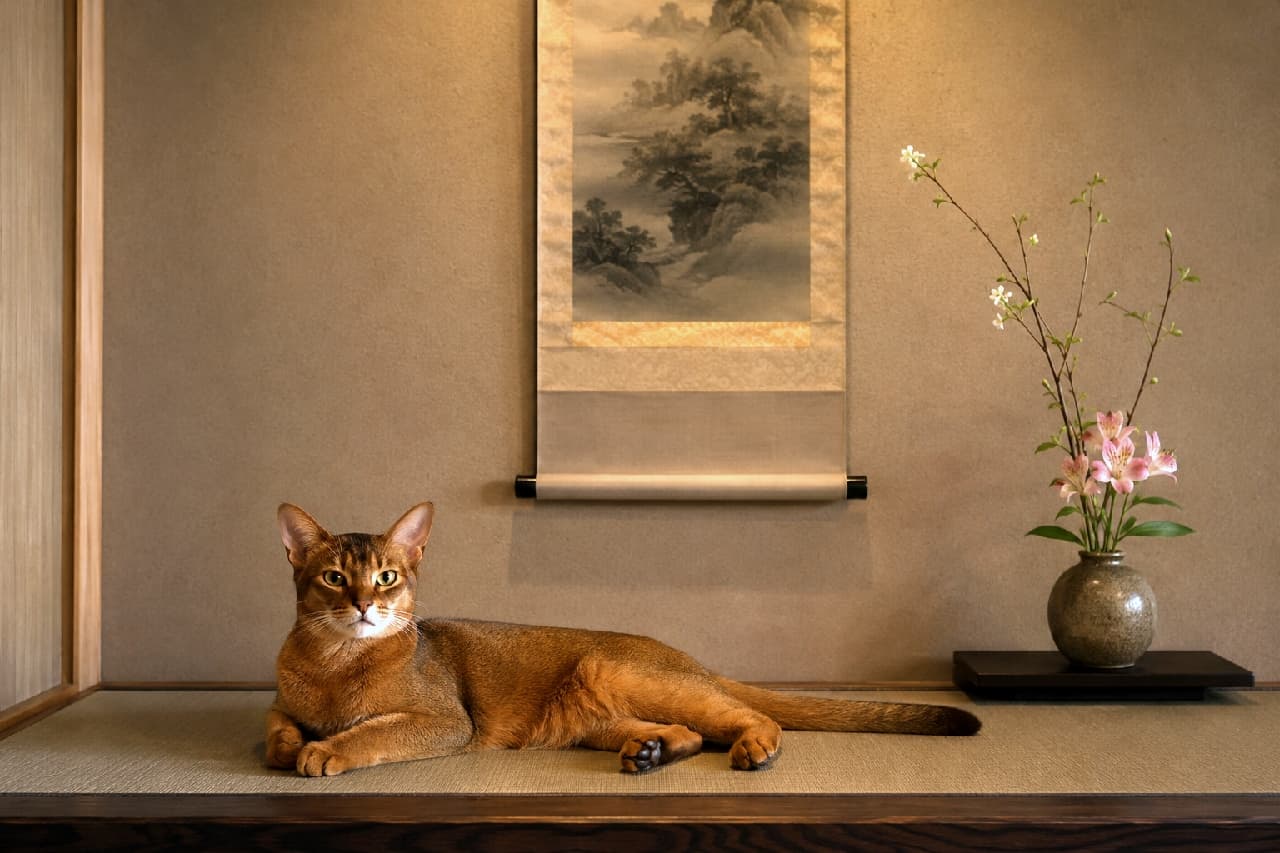 「床の間に本物の芸術作品が!?🖼️✨シュッとしたアビシニアンちゃんの気品あふれる佇まいに、思わず背筋が伸びちゃうニャ🐾」Ultra-realistic high-quality photograph of a slender ruddy Abyssinian cat lying gracefully on a tatami mat in a traditional Japanese alcove (tokonoma). The serene background features a hanging scroll with a landscape painting and a minimalist ikebana flower arrangement. 静寂に包まれた和室の床の間で、畳の上に優雅に伏せるルディカラーのアビシニアン。ピンと立った大きな耳とアーモンド型の瞳が知的で、背景の水墨画の掛け軸や一輪挿しの生け花と見事に調和した、洗練された禅の雰囲気漂う高画質写真