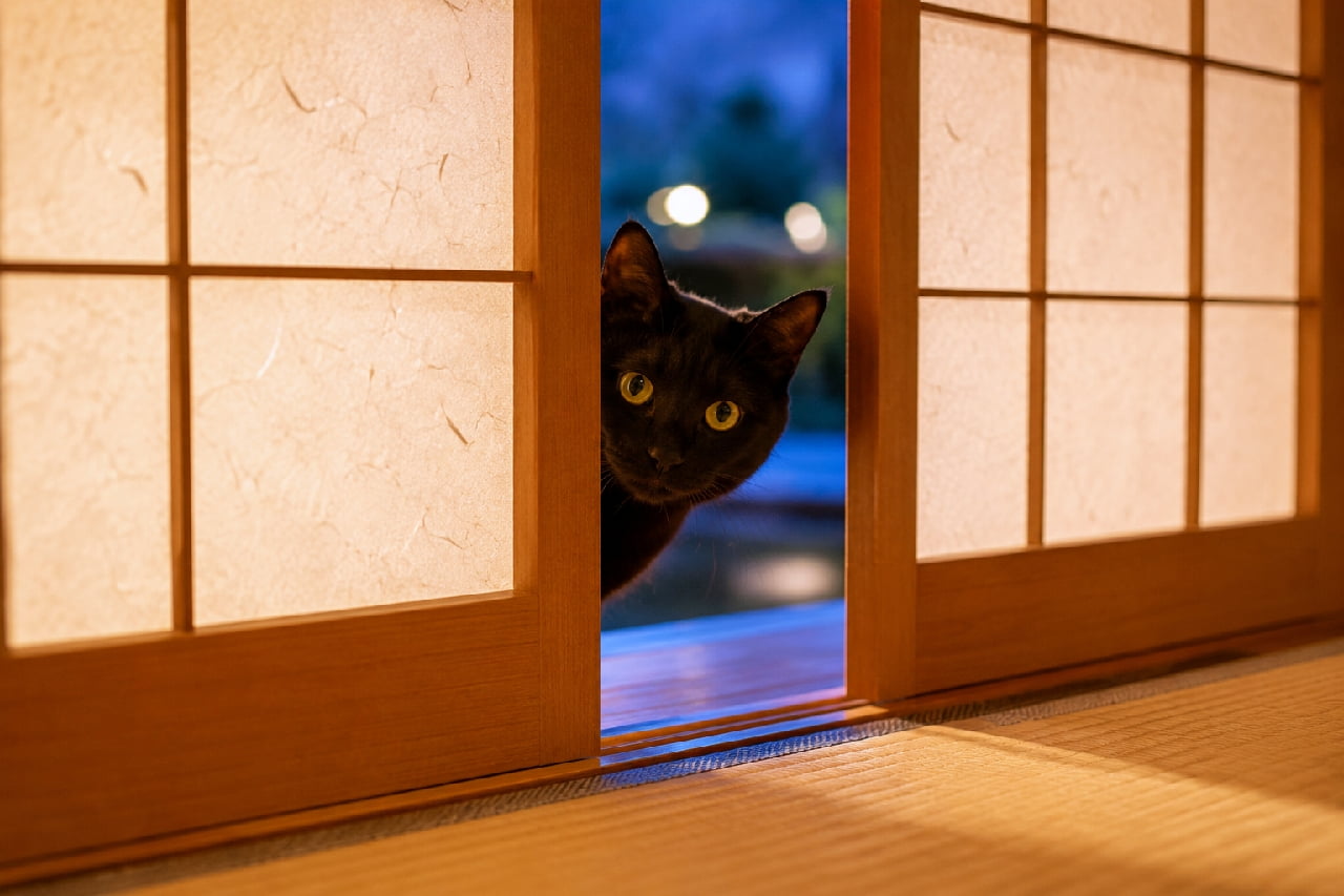 「「にゃにしているの?」👀🌙 障子の隙間から覗く黒猫ちゃんがミステリアスで可愛すぎる🖤和の情緒たっぷりのおめめに吸い込まれそう!」Ultra-realistic high-quality photograph of a curious black cat with bright yellow eyes peeking through a slightly open traditional Japanese shoji screen. The contrast between the warm indoor light and the cool blue twilight outside creates a magical and captivating atmosphere. 温かみのあるオレンジ色の光が透ける和室の障子の隙間から、ひょっこりと顔を出す愛らしい黒猫。背景にはブルーアワーの青い夕景が広がり、黒い被毛に映える真ん丸な黄色の瞳が好奇心いっぱいに輝く、神秘的で心惹かれる美しい一枚
