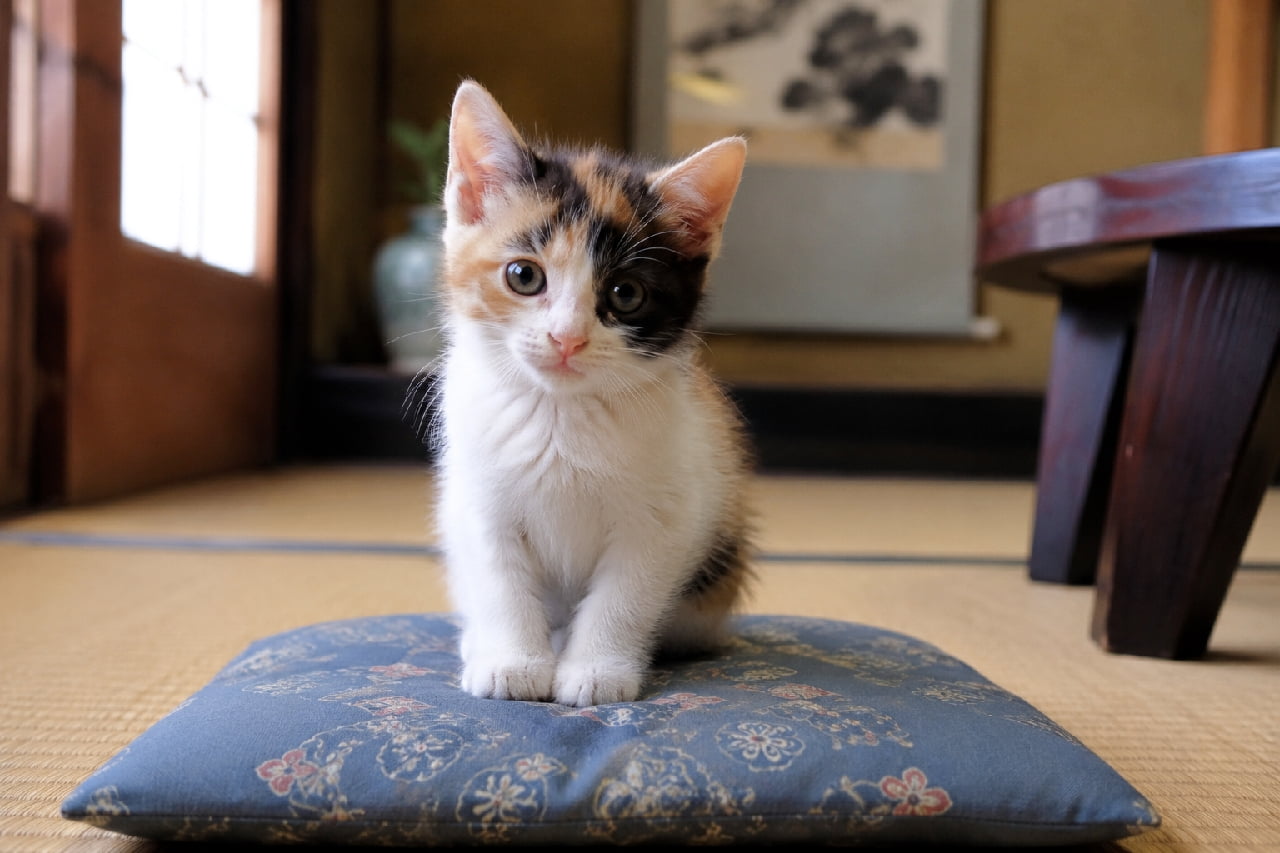 「お行儀よすぎませんか!?🥺💕和室の座布団でちょこんとお座りする三毛猫の赤ちゃん。究極のおもてなしにキュン死確定🍵🍡」Ultra-realistic high-quality photograph of an adorable calico kitten sitting politely on a blue floral Japanese cushion (zabuton) in a traditional tatami room. The soft background features a blurred scroll and wooden table, perfectly highlighting the kitten's innocent gaze and fluffy fur. 畳敷きの趣ある和室にて、美しい和柄の青い座布団の上にちょこんと行儀よくお座りする三毛猫の子猫。掛け軸やちゃぶ台が柔らかくボケた背景の中、あどけない表情で真っ直ぐに見つめてくる、ふわふわの毛並みとつぶらな瞳が魅力的な写真