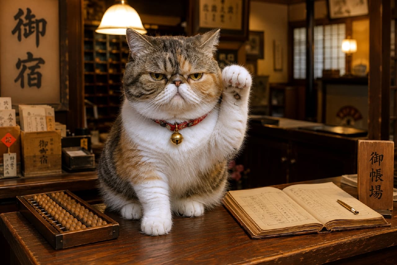 「「御宿へようこそニャ!」🏮 実写版・招き猫現る!この愛らしい姿でお客様をお出迎え。商売繁盛、間違いなしニャ!💰🤩」Ultra-realistic high-quality photograph of a calico tabby Exotic Shorthair cat sitting on the wooden counter of a Japanese inn's front desk, with a red collar and bell, raising its left paw in a beckoning cat pose. An abacus, ledger, fountain pen, and a "On-yado" sign with lamps in the background create a historical atmosphere. 旅館の帳場(フロント)の木製カウンターの上に座り、赤い首輪に鈴をつけたキャリコタビーのエキゾチックショートヘアが、左前足を上げて招き猫のポーズをとっている。そろばん、大福帳、万年筆、後ろには「御宿」の看板やランプがあり、歴史を感じさせる雰囲気。超高画質なリアルな写真