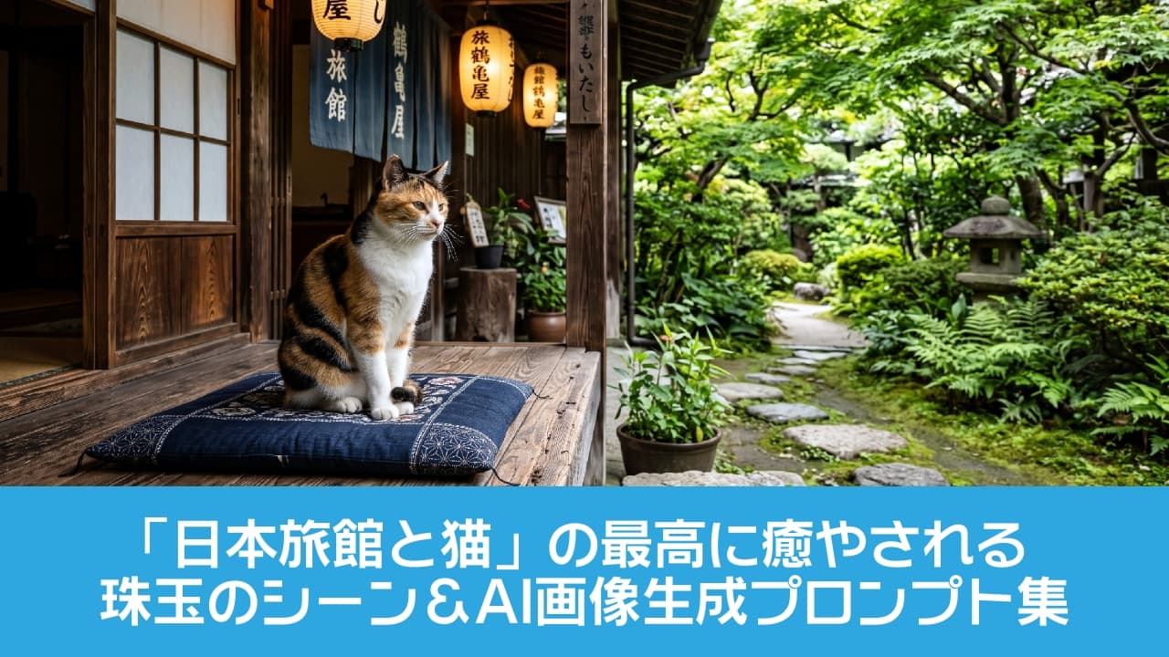 「旅館の看板猫ちゃんがお出迎えニャ！伝統的な庭園と凛としたお姿に癒やされる…🐈✨ #猫 #三毛猫 #日本庭園」An ultra-realistic, high-quality photograph of a beautiful calico cat (Japanese bobtail type coat) sitting perfectly on a navy blue patterned cushion on the wooden veranda of a traditional Japanese onsen inn called "Tsurukameya." The cat has a dignified profile, looking towards the right. The background features warm lanterns, a shop curtain (noren), and a lush, mossy Japanese garden with stone paths and a lantern. The composition balances the cat, the traditional building, and the vibrant greenery. 伝統的な日本の旅館「鶴亀屋」の木造縁側で、濃紺の柄入り座布団の上にきちんと座っている三毛猫の全身像。猫は短毛の白・茶・黒で、右前方を見つめる凛とした表情。背景には、暖簾や温かい光を放つ提灯、苔むした石畳と石灯籠がある美しく緑豊かな日本庭園が広がる。最高画質のリアルな写真