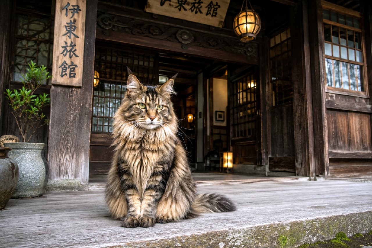 「老舗旅館の立派な看板猫がお出迎え🏮✨モフモフの胸毛とキリッとしたお顔に思わずため息…!一緒に泊まりたい人挙手🙋♀️🐈」Ultra-realistic high-quality photograph of a majestic Maine Coon with a thick brown tabby coat sitting at the entrance of a traditional Japanese ryokan at dusk, illuminated by the warm light of wooden lanterns, highly detailed and cinematic. 薄暗い夕暮れ時、提灯の温かい光が灯る老舗旅館「伊東旅館」の木造の玄関先にちょこんと座る、威厳のある長毛種のキジトラ猫(メインクーン)。豊かな飾り毛と鋭くも美しい黄緑色の瞳が印象的で、重厚な建物の質感と相まって、物語の始まりを感じさせるリアルで高画質な情景