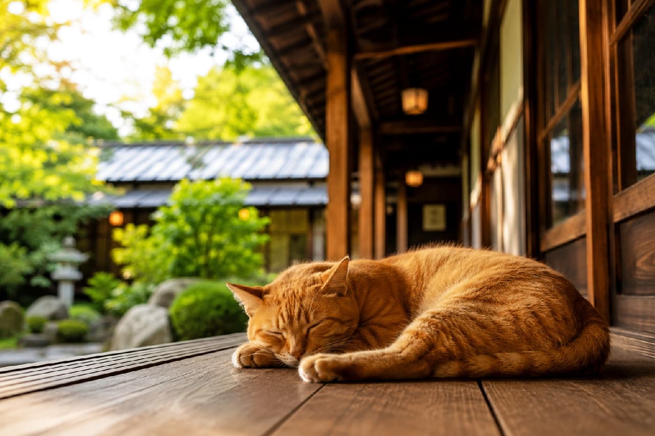 「縁側でお昼寝タイム…💤ぽかぽか陽気と茶トラちゃんの無防備な寝姿に、日々の疲れも吹き飛びますね🍃一緒にゴロゴロしたい🐈🌻」Ultra-realistic high-quality photograph of an orange tabby cat sleeping peacefully on a wooden engawa (porch) of a traditional Japanese house. The warm afternoon sunlight gently illuminates the cat's fur, with a lush green Japanese garden in the beautifully blurred background. 豊かな新緑の日本庭園を背に、伝統的な木造建築の縁側で丸くなって深い眠りにつく茶トラ猫。木漏れ日が鮮やかなオレンジ色の被毛と木の床を暖かく照らし出し、穏やかでノスタルジックな日本の夏を感じさせる、非常に高画質でリラックスした一枚