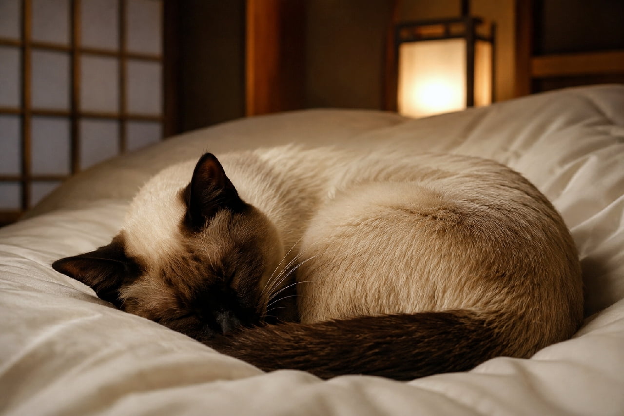 「旅館の布団は最高だにゃ…💤 丸くなって夢の中。この無防備な寝顔、ずっと見ていたいニャン🌙🥺」Ultra-realistic high-quality photograph of a seal point Siamese cat curled up fast asleep in a fluffy white down futon at a Japanese inn. In the background, a paper shoji screen and a warmly glowing paper lantern convey a serene and relaxing evening atmosphere. 旅館の寝室で、ふかふかの白い羽毛布団に包まれて丸くなって眠るシールポイントのシャム猫。背景には和紙の障子と、暖かくぼんやりと灯る行灯があり、静寂でリラックスした夜の雰囲気を醸し出している。超高画質なリアルな写真