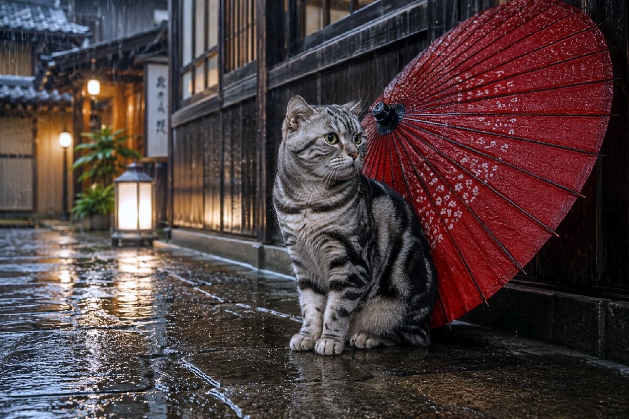 「雨宿りも絵になっちゃうニャ☔️✨ 赤い和傘と猫ちゃんの組み合わせ、まるで映画のワンシーンみたいでエモすぎる〜!🎬🐈」Ultra-realistic high-quality photograph of a silver tabby cat sitting on wet, reflective cobblestones, taking shelter from the rain beside a vibrant red traditional Japanese paper umbrella (wagasa). The background features a wooden ryokan illuminated by warm lantern light in the rainy twilight. 雨が降る夕暮れ時の旅館の路地で、濡れて反射する石畳の上に座り、立てかけられた色鮮やかな赤い和傘(番傘)で雨宿りをするアメショ柄のシルバータビー猫。背景に滲む行灯の温かい光と、雨に濡れた毛並み、そして冷たい雨の空気感のコントラストが美しい超高画質写真