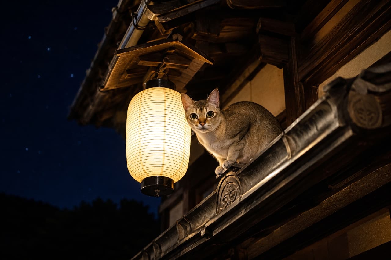 「夜の旅館をパトロール中?🐾 星空と提灯の灯りに照らされた姿が神秘的すぎて、思わず見惚れちゃうニャン✨🏮」Ultra-realistic high-quality photograph of a elegant small Singapura adult cat sitting on a traditional tiled roof of a Japanese ryokan under a starry night sky. The warm glow of a paper lantern highlights the cat's ruddy coat and large almond-shaped eyes, creating a magical atmosphere. 満天の星空を背景に、歴史ある日本旅館の瓦屋根に佇む美しい小さなシンガプーラの成猫。温かみのある和紙の提灯の光が、野性味あふれるルディカラーの被毛と大きなアーモンド型の瞳、ピンと立った耳のシルエットをくっきりと浮かび上がらせる、神秘的で超高画質な夜の情景