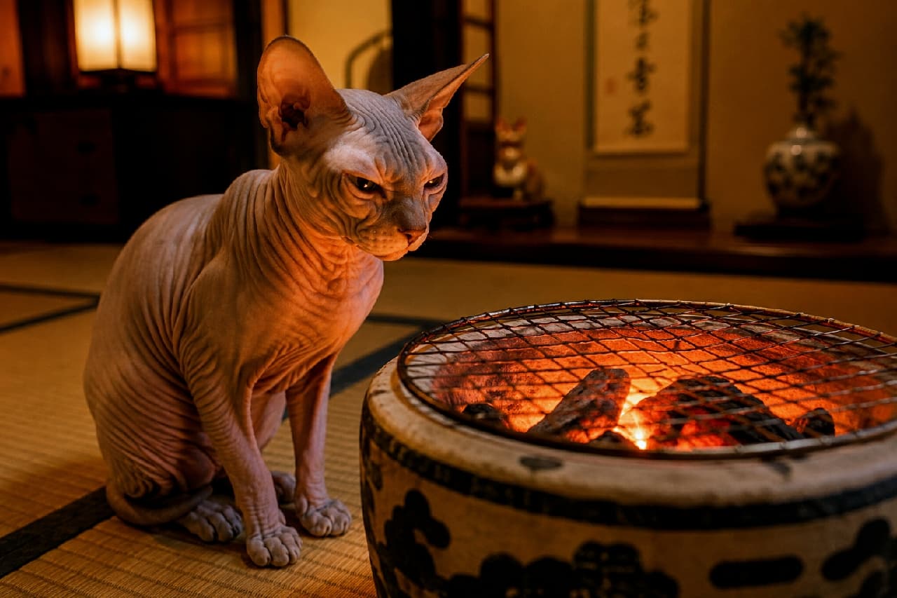 「「ここが一番あったかいニャ…」🔥 和室にスフィンクスちゃんの組み合わせが新鮮!火鉢のぬくもりが画面から伝わってくるニャ〜♨️」Ultra-realistic high-quality photograph of a hairless Sphynx cat sitting on a tatami mat, warming itself next to a glowing traditional ceramic charcoal brazier (hibachi) in a dimly lit Japanese room. The warm orange light highlights the cat's unique wrinkled skin and intense gaze. 薄暗い和室の畳の上で、赤々と炭火が燃える陶器の火鉢の傍らに座り、じっと炎を見つめて暖をとる無毛の猫スフィンクス。掛け軸が飾られた奥ゆかしい和の空間の中で、特徴的なシワのある肌や大きな耳が火鉢のオレンジ色の光に照らし出される、エキゾチックで超高画質な情景