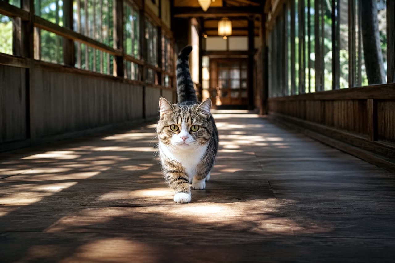「トコトコ🐾「お風呂行くニャ?」木漏れ日キラキラの廊下でバッタリ出会いたい!この尻尾ピンッ!がたまらないニャン💕」Ultra-realistic high-quality photograph of a cute short-haired tabby and white Munchkin adult cat walking confidently towards the camera with its tail held high along a long wooden corridor of a Japanese inn. Beautiful dappled sunlight filtering through the windows casts warm shadows on the floor. 伝統的な日本建築の長い木造廊下を、しっぽをピンと立ててご機嫌に歩いてくる、丸顔で愛らしいキジ白のマンチカン成猫。障子やガラス戸から差し込む日差しが床に美しい木漏れ日の模様を描き、温かくノスタルジックな雰囲気に満ちた高画質写真