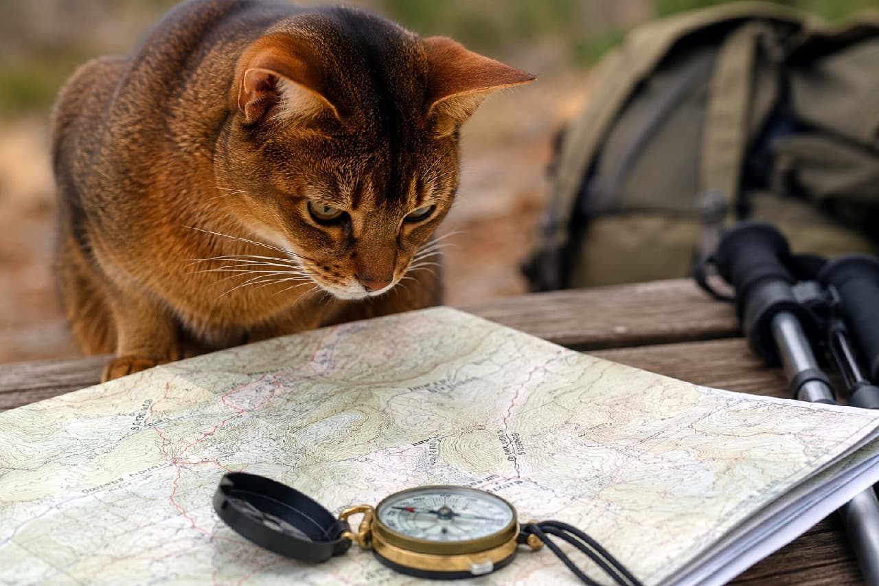 「「ふむふむ、今日のルートはここニャ🗺️」優秀なナビゲーターのおかげで、迷子にならずに済みそうです🐈✨」Ultra-realistic high-quality photograph of a ruddy Abyssinian cat intently looking at a topographical hiking map and a brass compass spread out on a wooden table. Its characteristic large ears and sleek reddish-brown ticked tabby coat emphasize an intelligent demeanor. 木製のベンチの上で広げられた等高線のハイキング地図と真鍮のコンパスを、興味深そうに見つめるルディカラーのアビシニアン。特徴的な大きな耳と、滑らかで美しい赤茶色のティッピド・タビーの被毛が知的さを際立たせる超高画質な写真