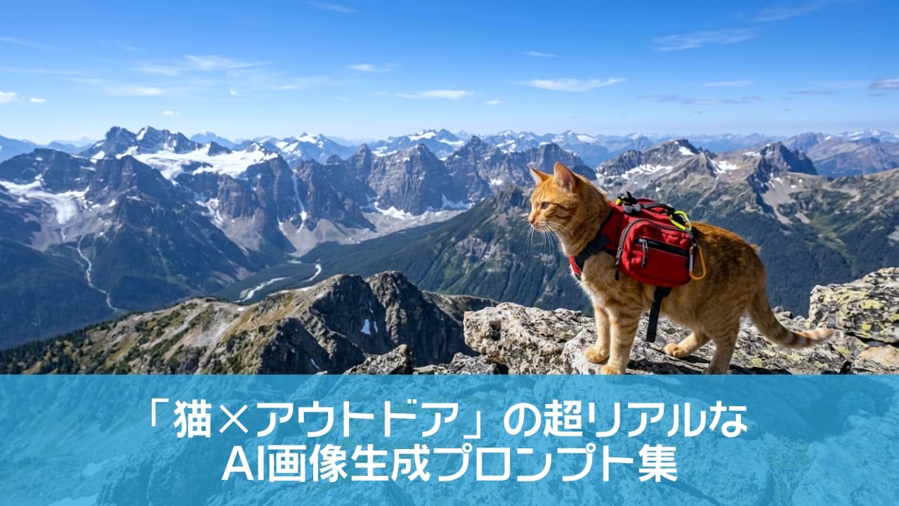 「絶景を背に、次の冒険を見つめるニャンコ🏔️✨赤い相棒ザックを背負って、山を制覇ニャ！一緒に冒険してくれる仲間、募集ニャ🐾 #猫 #猫との暮らし #アウトドア猫 #山登り #絶景」An ultra-realistic, high-quality photograph of an adventurous ginger tabby domestic shorthair cat standing firmly on a rugged, lichen-covered mountain peak. The cat faces left with a curious expression, wearing a functional red cat backpack harness with yellow reflective accents and small carabiner clips. In the background, a breathtaking panorama of snow-capped mountain ranges and lush green valleys stretches out under a blue sky with scattered clouds. The natural sunlight highlights the textures of the cat’s fur, the backpack, and the rocks. 絶景の雪山をバックに、崎岖な岩場にしっかりと立つ茶トラの家猫（短毛種）。好奇心旺盛な表情で左を向いており、鮮やかな赤色の機能性猫用バックパック（黄色い反射材と卡宾槍フック付き）を着用しています。背景には雄大な山脈と緑豊かな谷が広がり、青空には白い雲が点在する、超リアルで最高画質の写真