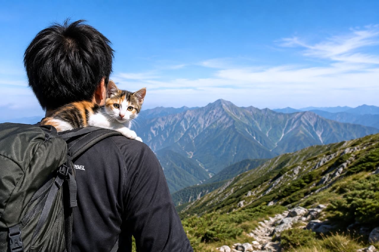 「絶景の特等席はパパの肩の上ニャ🐱⛰️ 一緒に登るお山は最高だね✨ いつか自分の足で登れるようになるかな？🐾💖」Ultra-realistic high-quality photograph of an adorable calico kitten comfortably riding on the shoulder of a hiker wearing a black shirt. The kitten turns to look directly at the camera with clear, round eyes. Behind them unfolds a breathtaking panoramic view of majestic mountain ranges and a clear blue sky, illustrating a heartwarming bond in nature. 壮大な日本アルプスのような連峰を見渡す登山道で、黒いウェアを着た男性の肩にちょこんと乗る三毛猫（キャリコ）の子猫。オレンジ、黒、白の被毛が美しく、澄んだ丸い瞳でこちらを振り返っています。背景にはどこまでも続く青空と稜線が広がり、人間と猫の絆を感じさせる心温まるアウトドアシーン