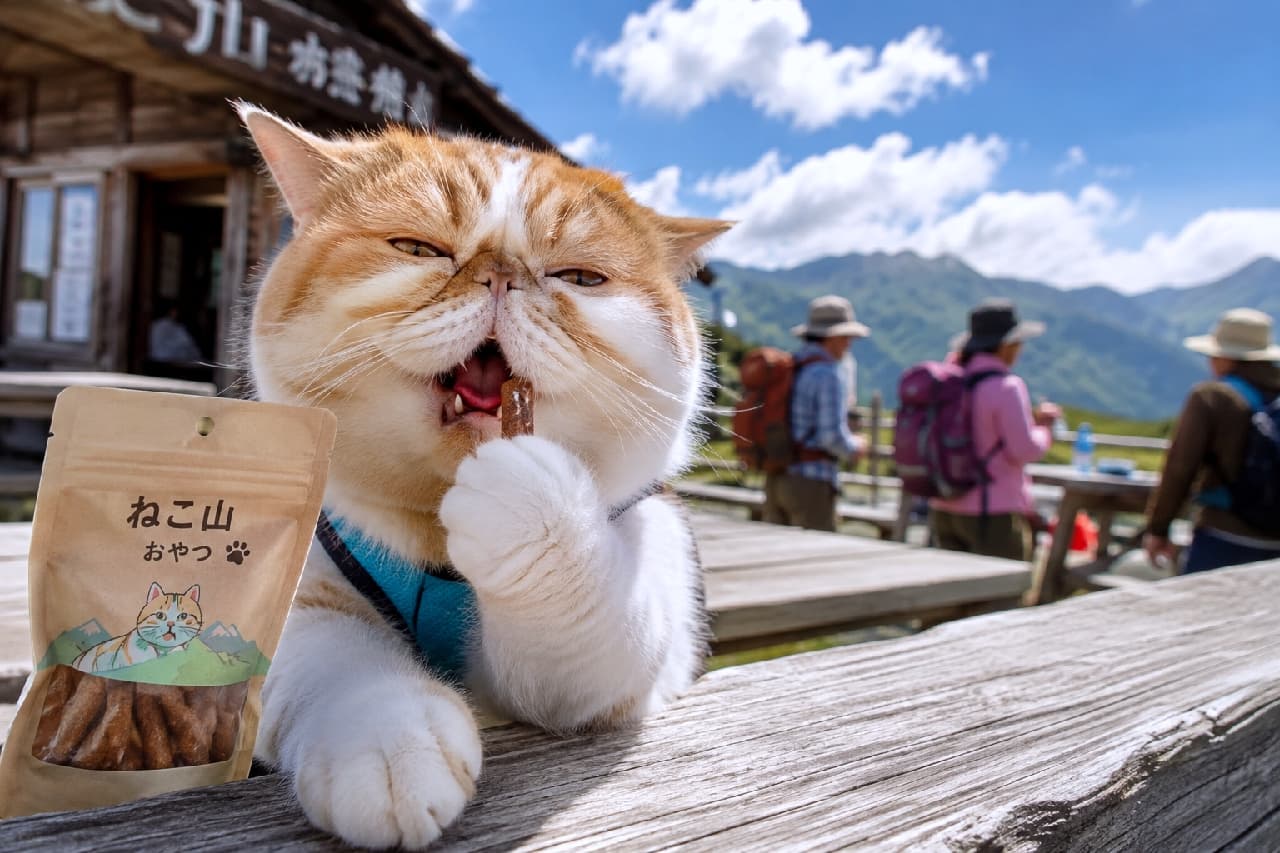 「山頂でのご褒美おやつは格別ニャ🤤🐾 絶景と美味しい空気でエネルギーチャージ完了✨ みんなも一緒に一休みにゃ⛰️」Ultra-realistic high-quality photograph of an orange and white bicolor Exotic Shorthair cat happily eating a snack on a wooden table at a mountain hut terrace. The cat features a flat face, narrowed eyes showing pure bliss, and fluffy paws. In the softly blurred background, hikers are chatting against a majestic mountain range under a clear blue sky. 澄み切った青空の下、山小屋の木のテーブルで「ねこ山おやつ」を美味しそうに頬張るオレンジと白のバイカラーのエキゾチックショートヘア。目を細めた至福の表情と短い鼻、ふっくらした前足が愛らしい。背景には雄大な山々と談笑する登山客がボケて写り、和やかな山の情景を描き出しています