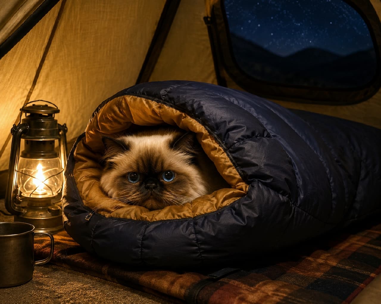 「キャンプの夜は寝袋でぬくぬくタイム💤 ランタンの灯りと、もふもふのお顔に癒やされていい夢が見られそうですね🏕️🌙」Ultra-realistic high-quality photograph of an adorable Himalayan cat fully snuggled inside a cozy navy and orange sleeping bag inside a tent at night. An antique oil lantern warmly illuminates its dark facial points and striking sapphire blue eyes. 星空が見える夜のテントの中で、ふかふかのネイビーとオレンジの寝袋（シュラフ）にすっぽりと包まれ、顔だけを出しているヒマラヤン猫。アンティークなオイルランタンの暖かい光に照らされた、黒いお顔とサファイアブルーの瞳がたまらなく可愛い超高画質な写真