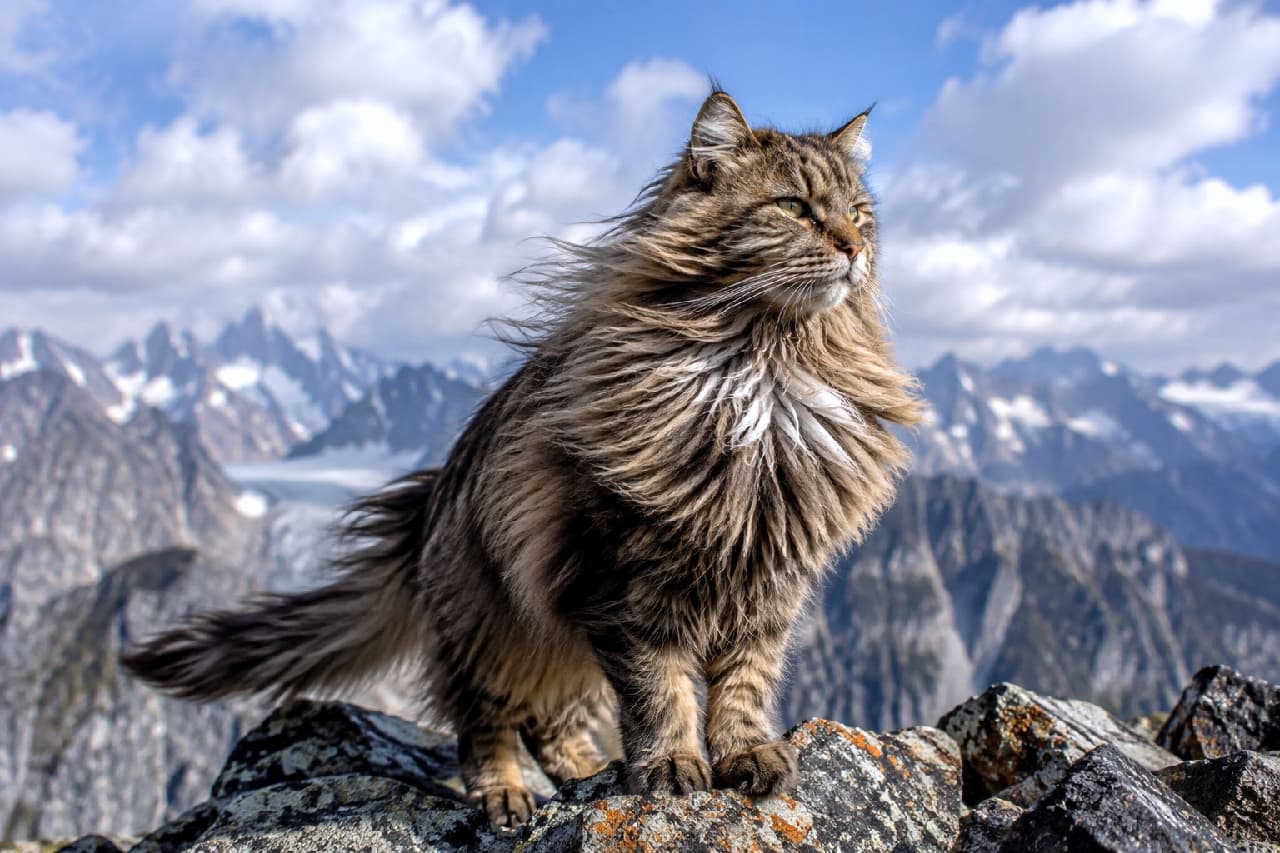 「頂を制する者の風格…✨ 風を感じるモフモフな王様ニャ🦁⛰️ 大自然の雄大さと猫の神秘的な魅力に思わずうっとり💖」Ultra-realistic high-quality photograph of a majestic adult Siberian cat standing gracefully on rugged rocks. Its thick, long fur is blown dynamically by the mountain wind against a breathtaking backdrop of jagged snow-capped alpine peaks. The dramatic lighting beautifully highlights the cat's noble profile and wild essence. 雪を頂く険しいアルプスの山々を背景に、ゴツゴツとした岩場に凛と立つブラウンタビーのサイベリアンの成猫。強い山風に豊かな長毛がダイナミックになびき、野生味あふれる威風堂々とした横顔を見せています。劇的な雲の切れ間から差し込む自然光が、猫のシルエットを神々しく際立たせています