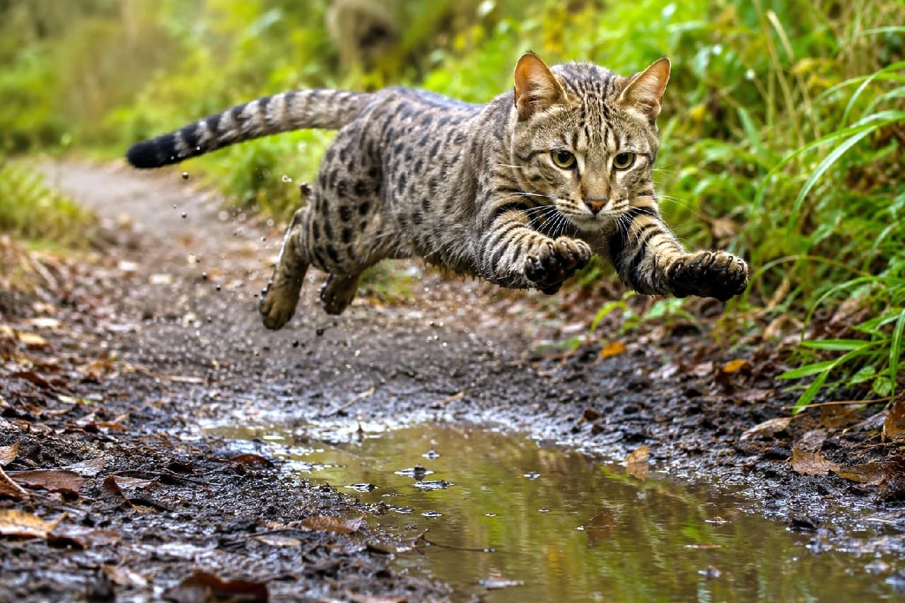 「水たまりなんてへっちゃら！🐾 大自然を駆け抜けるワイルドな大ジャンプに思わず惚れ惚れしちゃうかっこよさ😎✨」Ultra-realistic high-quality photograph of a spotted Ocicat-style cat dynamically leaping over a muddy puddle on a wet forest trail. The image captures its intense golden eyes, extended paws, splashing mud, and the vivid movement of its muscles. ぬかるんだ森の小道で、泥水の水たまりをダイナミックに跳び越えるオシキャット風のスポット模様の猫。前足を大きく伸ばし、金色の瞳で着地点を見据える真剣な表情や、跳ね上がる泥水、筋肉の躍動感まで克明に捉えた超高画質な写真