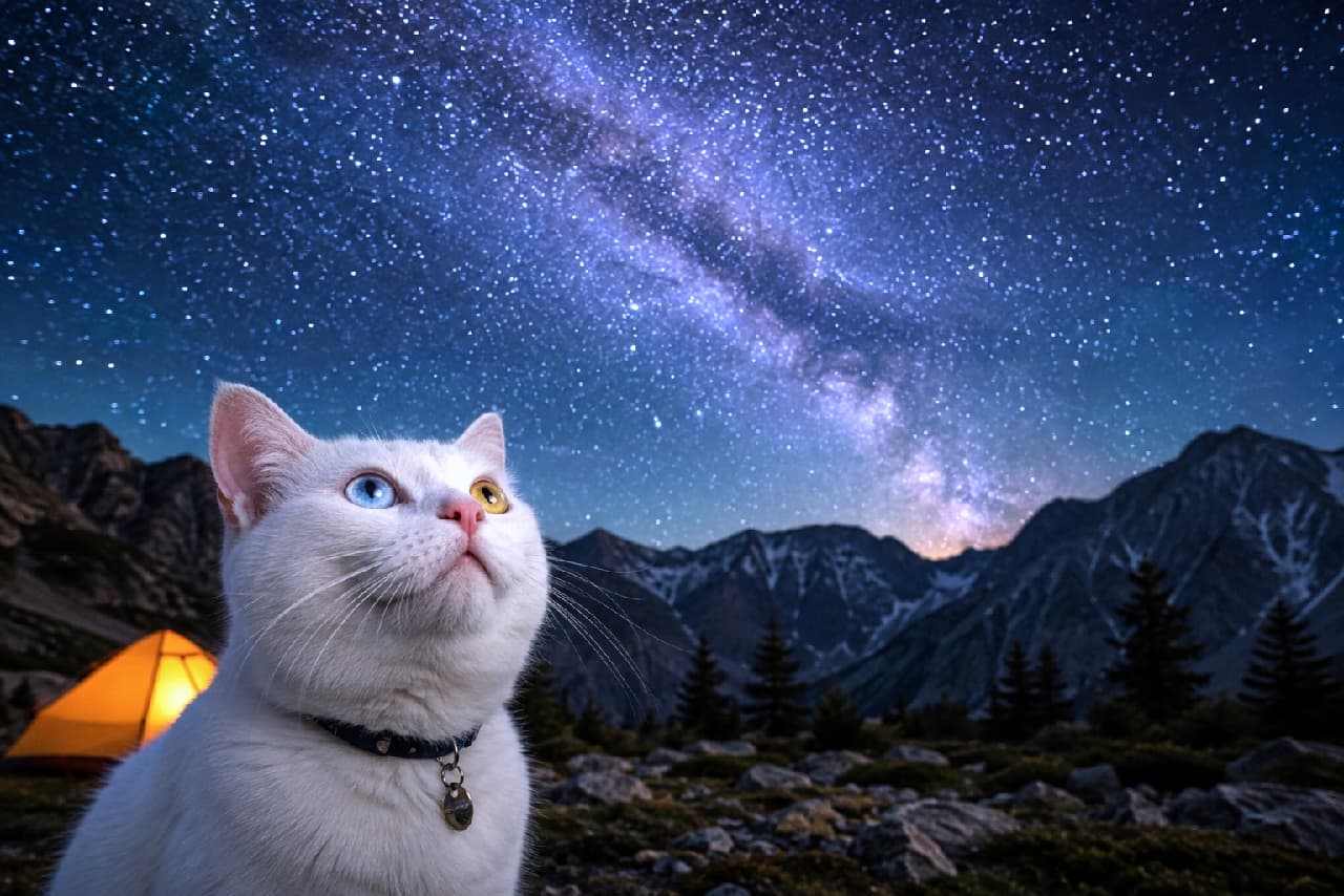 「キラキラのお星さま、捕まえられるかな？🌌✨ 宇宙の宝石みたいなオッドアイと満天の星空のコラボがロマンチックすぎます🥺」Ultra-realistic high-quality photograph of a pure white cat with stunning blue and yellow odd eyes looking up at a breathtaking starry night sky featuring the Milky Way. A softly glowing orange camping tent and dark mountain silhouettes complete this magical night scene. 息を呑むような天の川が広がる夜空の下、山岳キャンプ場に佇み星空を見上げる真っ白な猫。オレンジ色に灯るテントを背景に、ブルーとイエローの美しいオッドアイを輝かせる純白の被毛が、夜の闇に浮かび上がる超高画質な写真