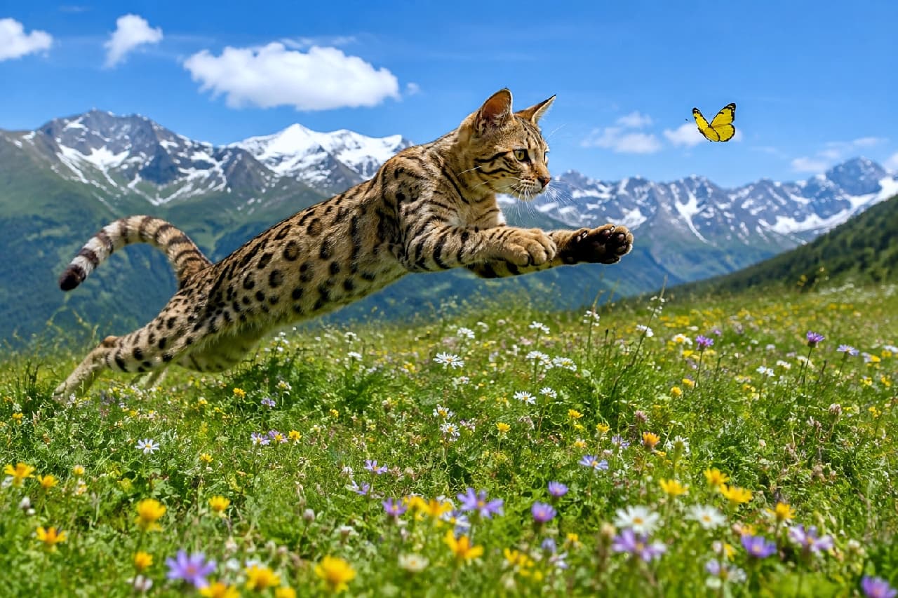 「お花畑を大ジャンプ！🌼🦋 蝶々を追いかけるハンターな姿も、大自然の中だとさらにカッコいいニャ🐈💨」Ultra-realistic high-quality photograph of a Savannah cat with a beautiful leopard print coat dynamically jumping to catch a yellow butterfly in an alpine meadow filled with colorful flowers, against a backdrop of majestic snow-capped mountains.　雪を頂く雄大な山々と色鮮やかな高山植物が咲く草原を背景に、黄色い蝶に向かってダイナミックに飛びかかるベンガル猫。美しいレオパード柄の被毛とピンと伸びた手足、獲物を狙う真剣な眼差しが躍動感あふれる超高画質な写真