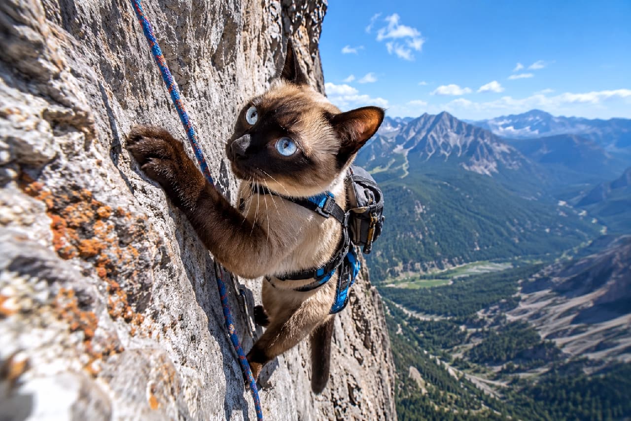 「ニャンとびっくり！プロ顔負けの天才クライマー登場🧗‍♂️🐈 吸い込まれそうな青い瞳と絶景のコラボが最高すぎます💙」Ultra-realistic high-quality photograph of a Siamese cat rock climbing a steep cliff face, equipped with a rope, blue harness, and tiny backpack. Set against a backdrop of a vast mountain valley and clear blue sky, the cat grasps the rock firmly, its sapphire blue eyes focused intently upward. 晴れ渡る青空と眼下に広がる壮大な山谷を背景に、ロープと青いハーネス、小さなリュックをつけて垂直の岩壁をロッククライミングするシャム猫。前足で岩をしっかり掴み、サファイアブルーの瞳で真剣に上を目指す超高画質な写真