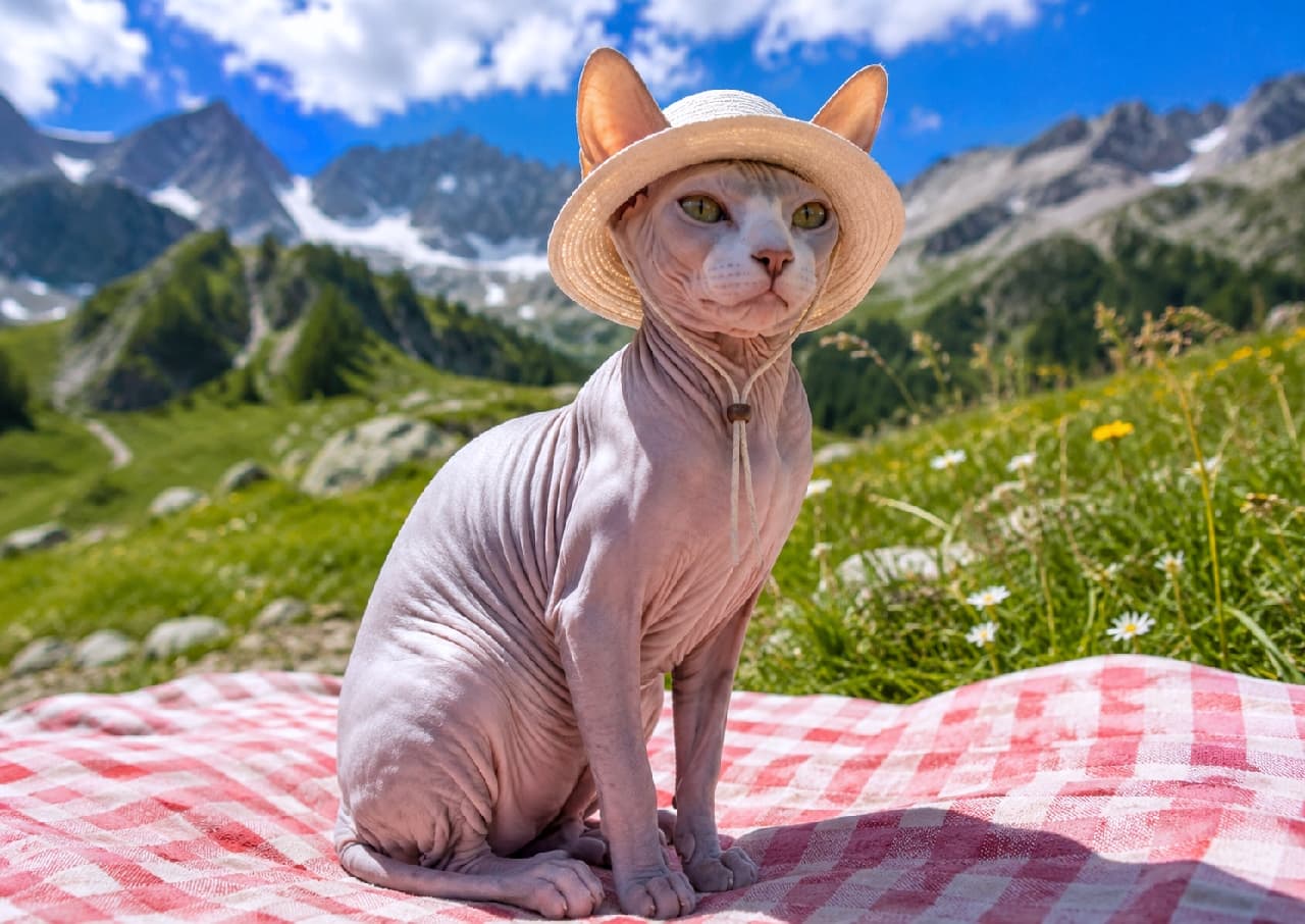 「日焼け対策もバッチリニャ👒✨ お山の上で優雅なピクニックタイム🧺 お肌のお手入れも忘れない、美意識高めスタイル🐈‍⬛💋」Ultra-realistic high-quality photograph of a hairless Sphynx cat elegantly sitting on a red gingham picnic blanket in a summer alpine meadow blooming with wildflowers. The cat is wearing a cute little straw hat, highlighting its smooth skin texture and striking features. The backdrop of rugged, snow-capped mountains and strong sunlight creates a stylish and artistic composition. 色とりどりの高山植物が咲き誇る夏の山岳草原で、赤いギンガムチェックのピクニックシートに上品にお座りするスフィンクス。無毛の滑らかな肌の質感と、被っている小さな麦わら帽子がユニークでスタイリッシュ。背景には雪を残す岩山がそびえ、強い日差しと影のコントラストがアーティスティックな雰囲気を生んでいます