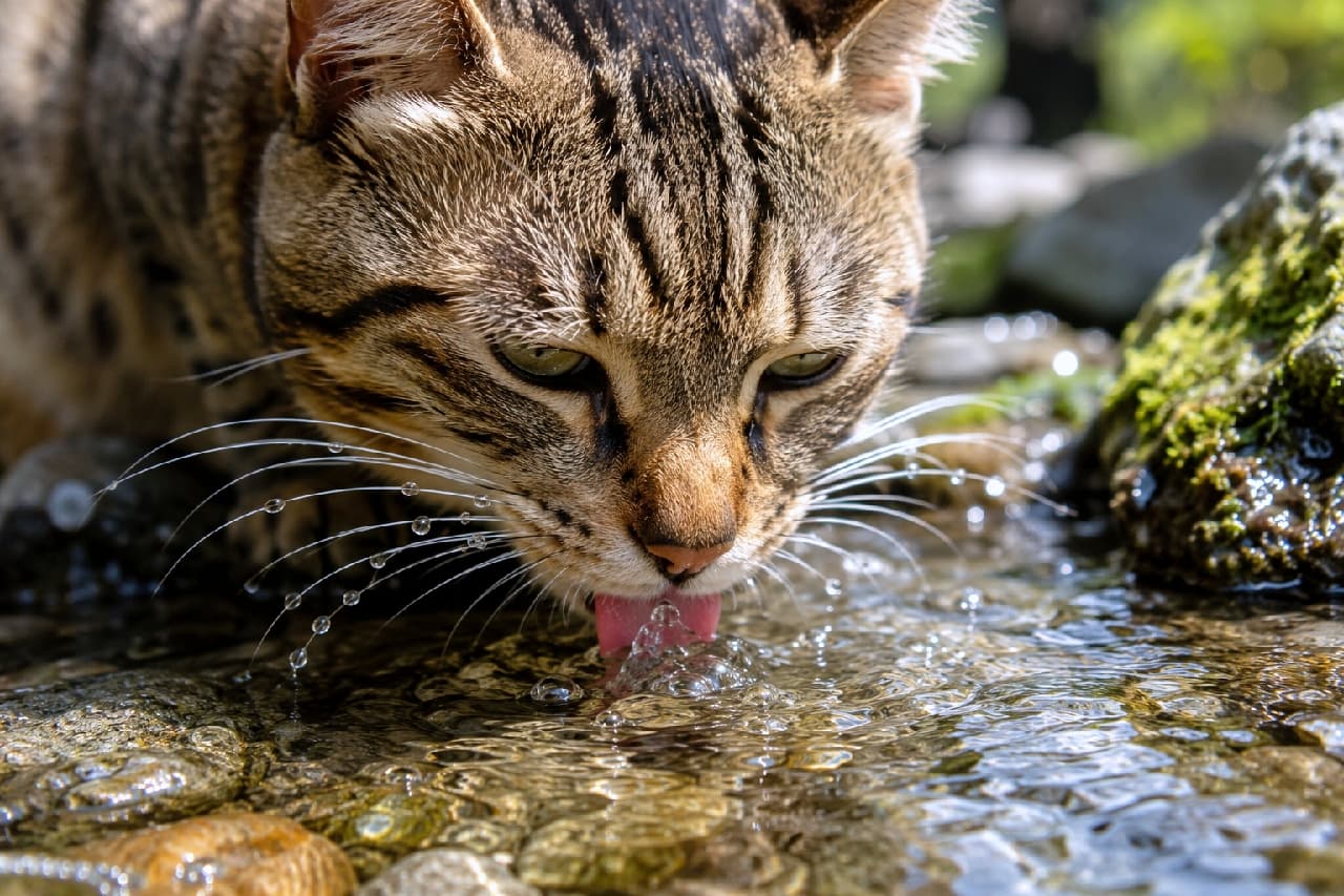 「「ぷはぁ〜、お水がおいしいニャ🐾」冷たい小川で喉を潤す姿が涼しげで、見ているだけで癒やされますね🫧🌿」Ultra-realistic high-quality photograph, a close-up of a tabby cat drinking fresh water from a sparkling rocky stream. The image beautifully captures its pink tongue touching the water, water droplets on its long whiskers, and its calm green eyes in the natural sunlight. 陽光がきらめく小川で、岩場に伏せて澄んだ水を飲むキジトラ模様の猫のクローズアップ。ピンク色の舌が水面に触れる瞬間や、長いひげに飛び散る細かな水しぶき、涼しげなグリーンの瞳が、大自然の清涼感を感じさせる超高画質な写真